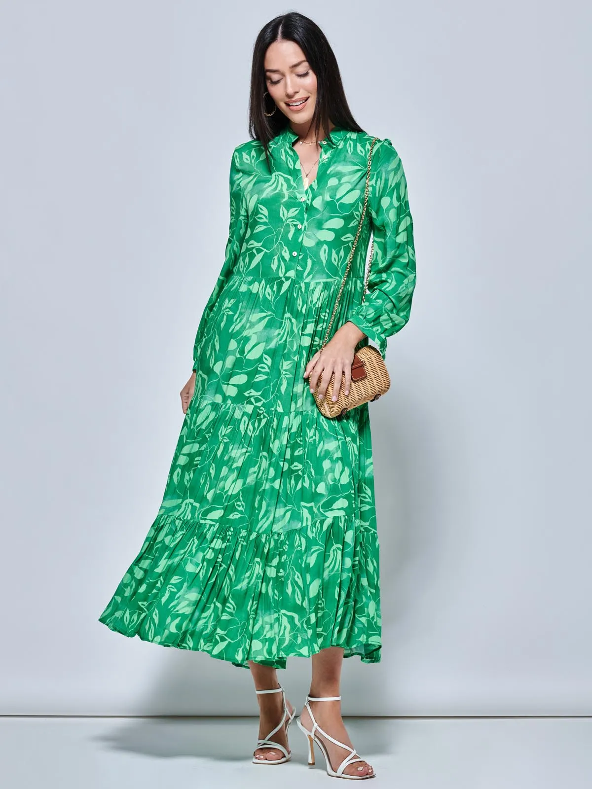 Long Sleeve Holiday Maxi Shirt Dress, Green Abstract