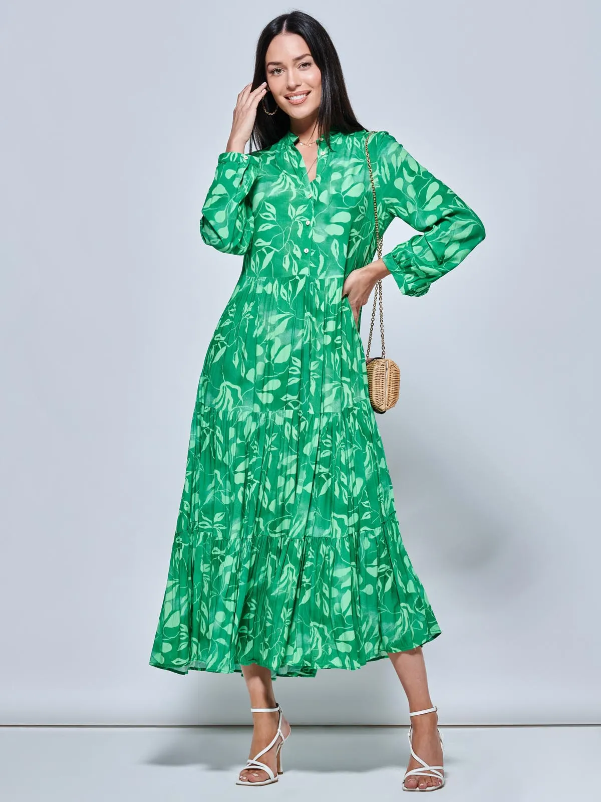Long Sleeve Holiday Maxi Shirt Dress, Green Abstract