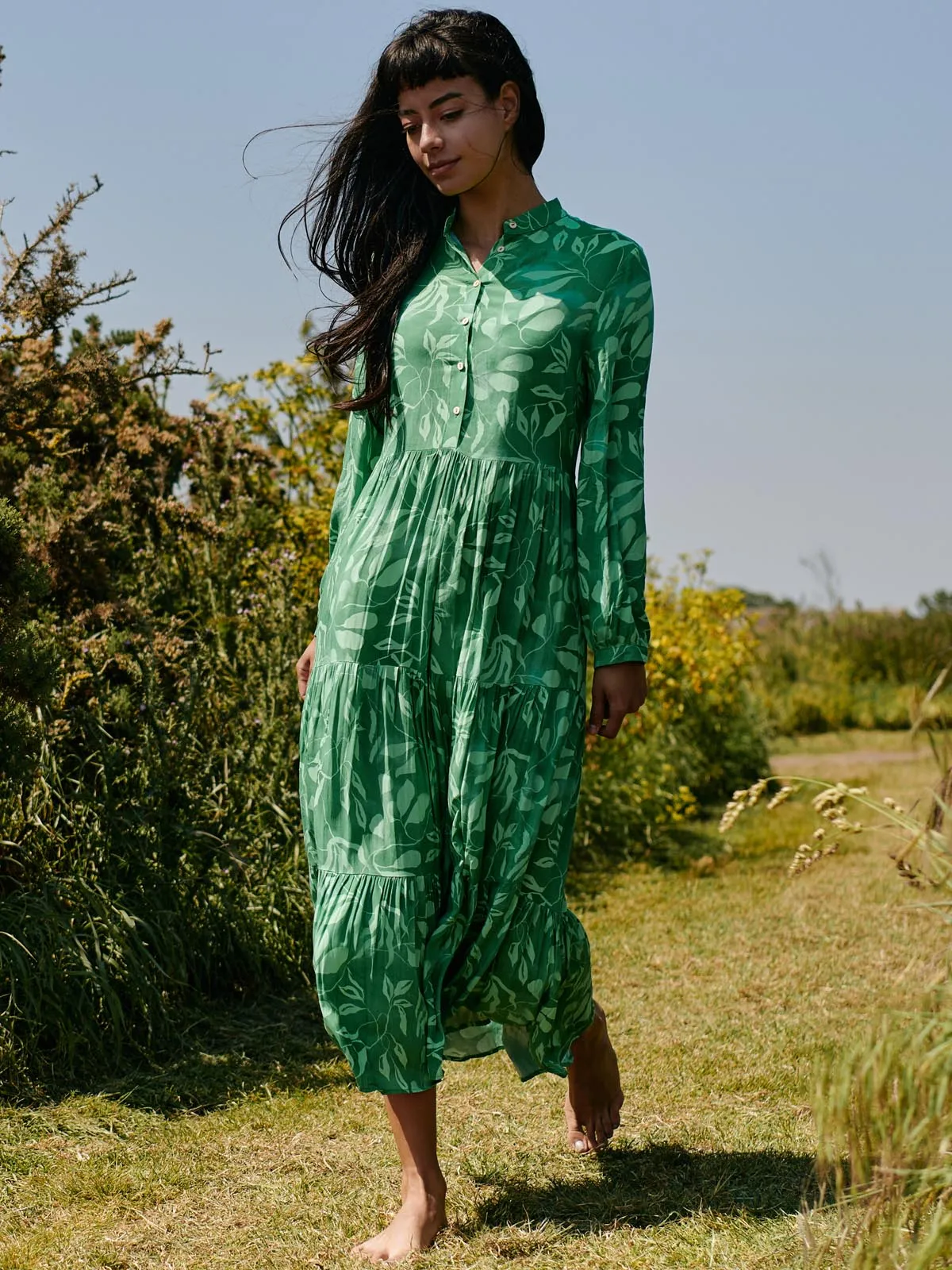 Long Sleeve Holiday Maxi Shirt Dress, Green Abstract