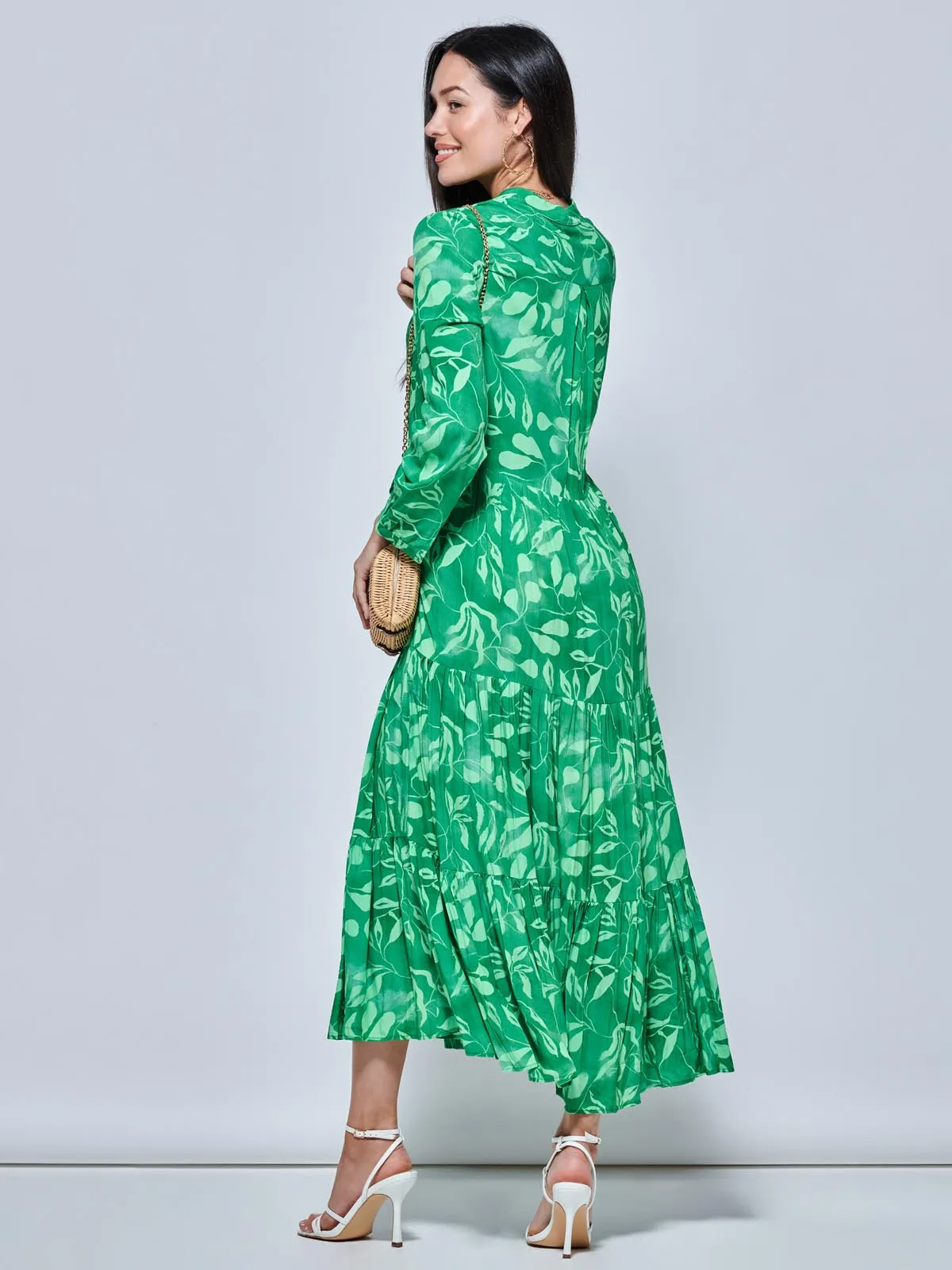 Long Sleeve Holiday Maxi Shirt Dress, Green Abstract