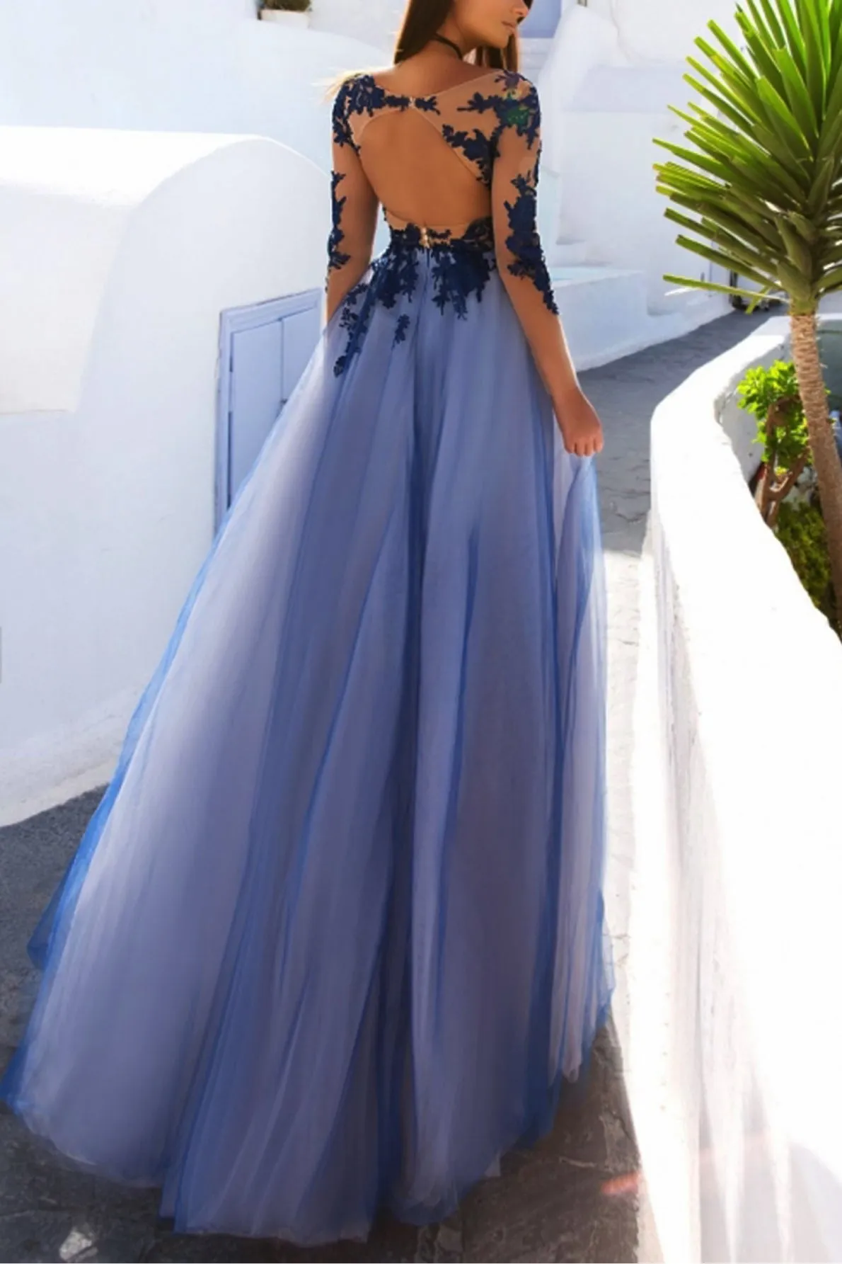 Long Sleeve Open Back Floor Length Flowy Tulle Prom Dresses
