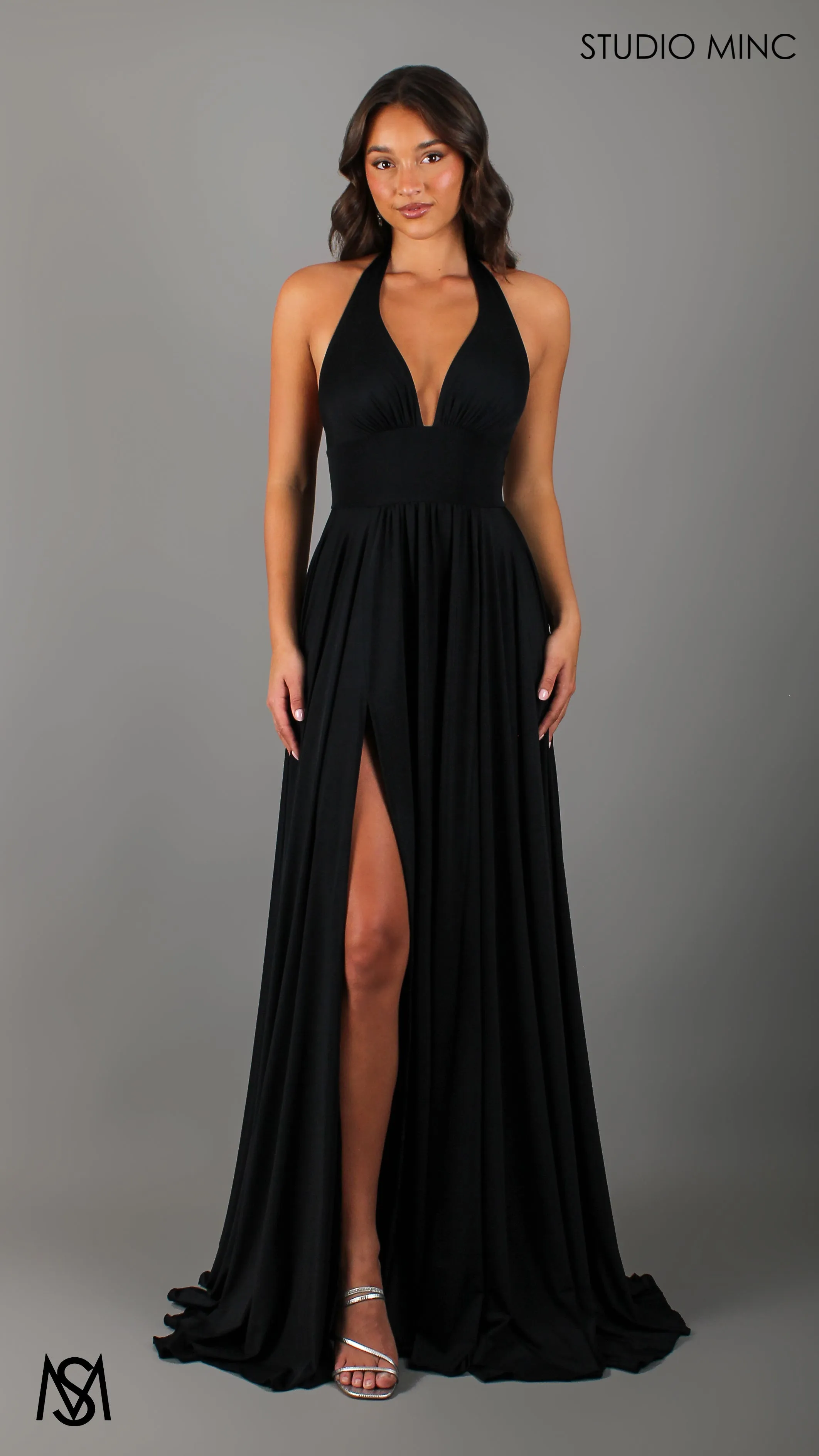 LOVE - Black Flowy Formal Dress with Plunge Neckline & Leg Split