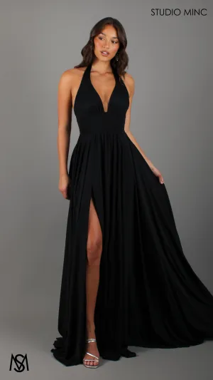 LOVE - Black Flowy Formal Dress with Plunge Neckline & Leg Split