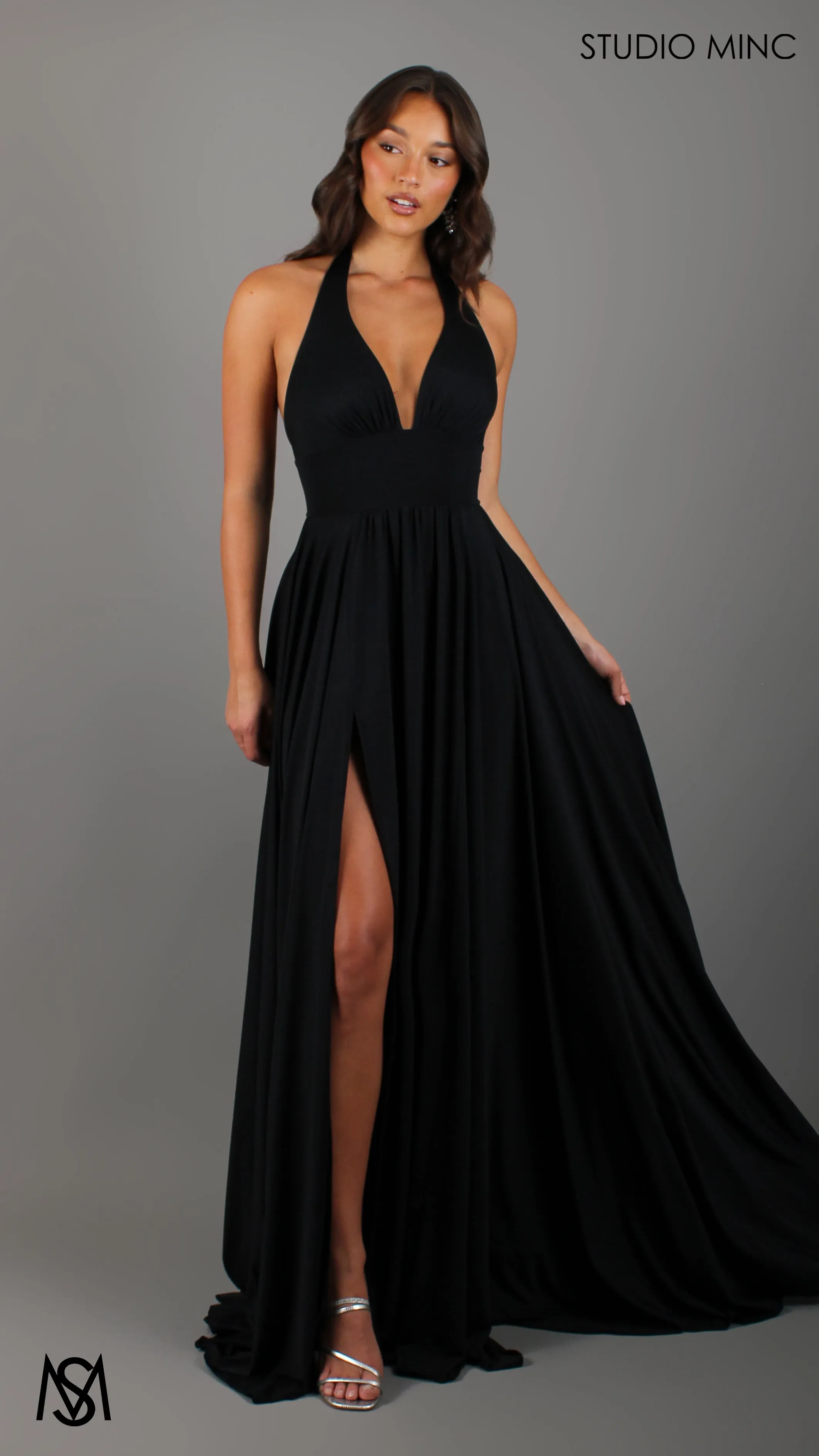 LOVE - Black Flowy Formal Dress with Plunge Neckline & Leg Split