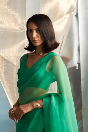 Lush Green Organza Saree With Sleeveless Blouse