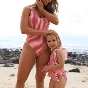 Matching Swimwear, Women's One Piece Swimsuit, Red and White Classic Stripe