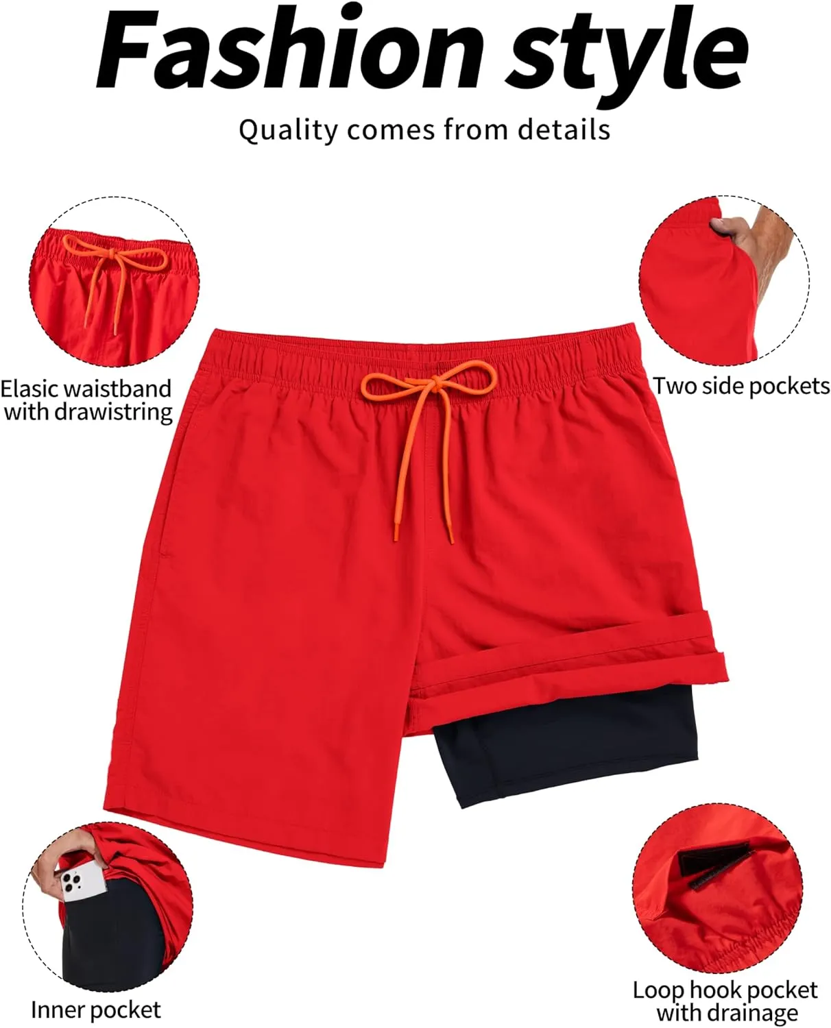 Mens 2in1 Beach Swim Trunks with Compression Liner, Quick Dry Swimming Shorts with Pockets