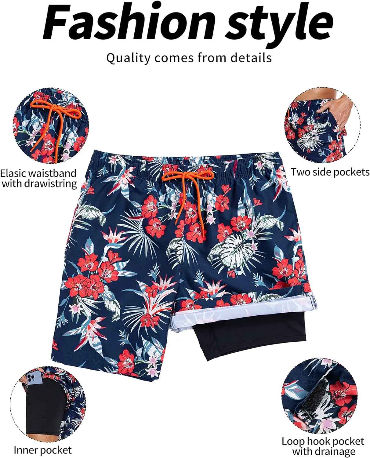 Mens 2in1 Beach Swim Trunks with Compression Liner, Quick Dry Swimming Shorts with Pockets