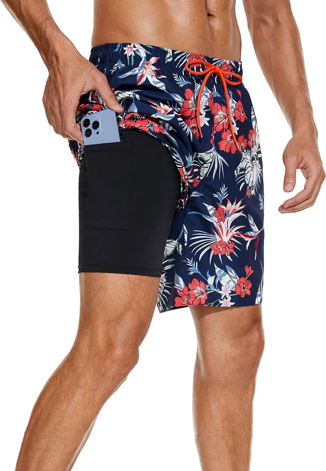 Mens 2in1 Beach Swim Trunks with Compression Liner, Quick Dry Swimming Shorts with Pockets