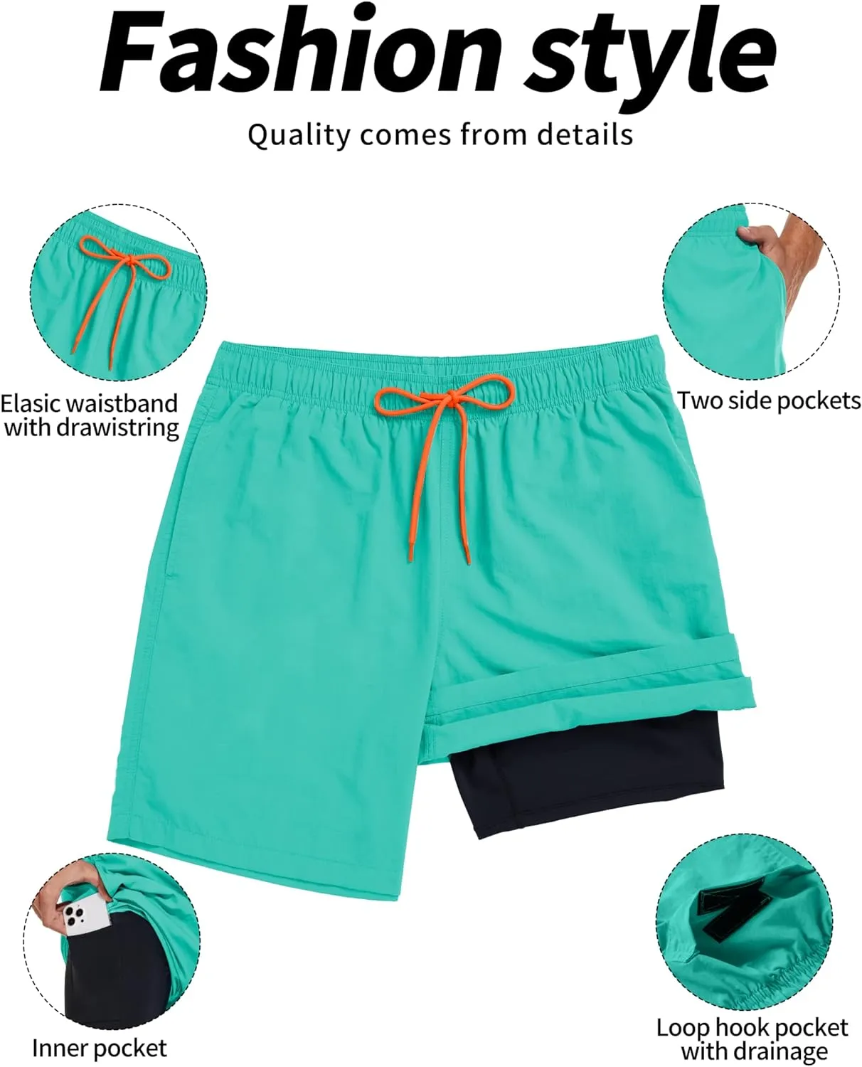 Mens 2in1 Beach Swim Trunks with Compression Liner, Quick Dry Swimming Shorts with Pockets