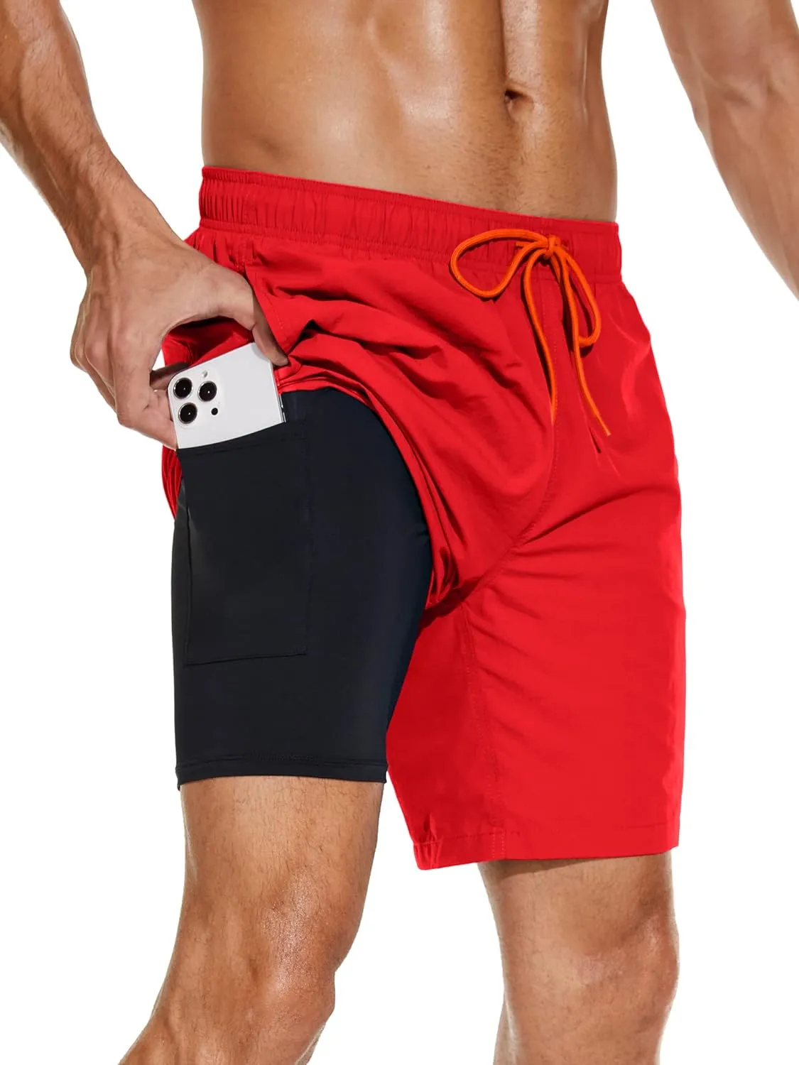 Mens 2in1 Beach Swim Trunks with Compression Liner, Quick Dry Swimming Shorts with Pockets