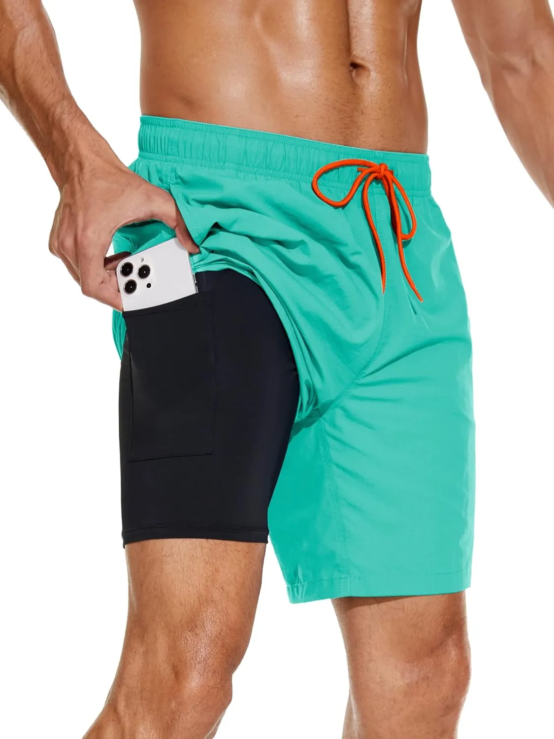 Mens 2in1 Beach Swim Trunks with Compression Liner, Quick Dry Swimming Shorts with Pockets