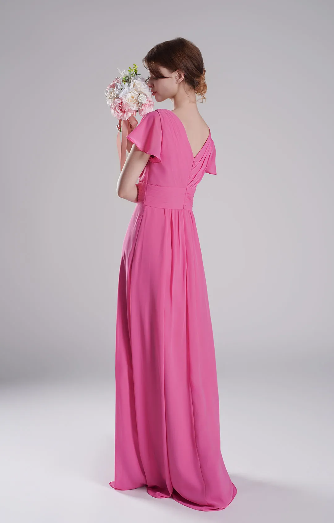 Pleated V-Neck Flutter Sleeves Flowy A-Line Dresses