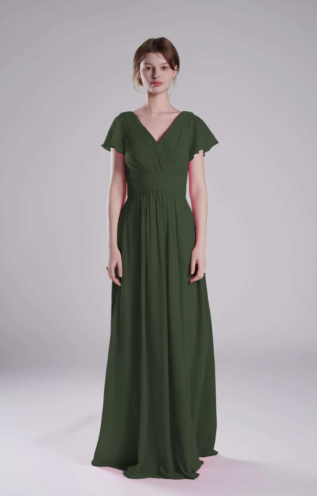 Pleated V-Neck Flutter Sleeves Flowy A-Line Dresses