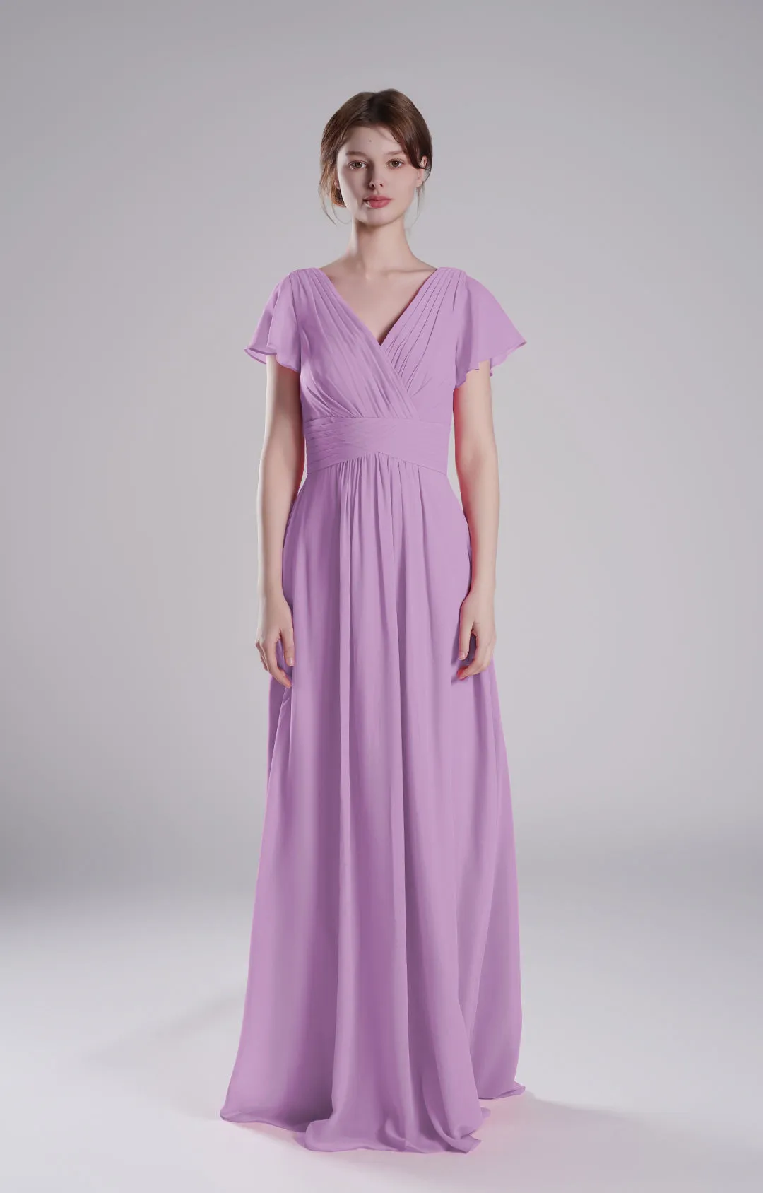 Pleated V-Neck Flutter Sleeves Flowy A-Line Dresses