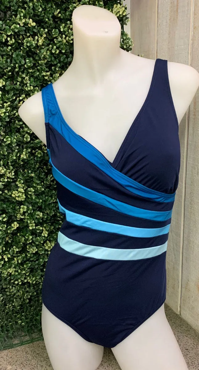 Poolproof Chlorine Resistant Fan Splice Tank One Piece Swimsuit - Navy