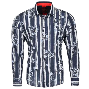PREMIERE SHIRTS: NAVY BLUE/WHITE FLORAL STRIPES