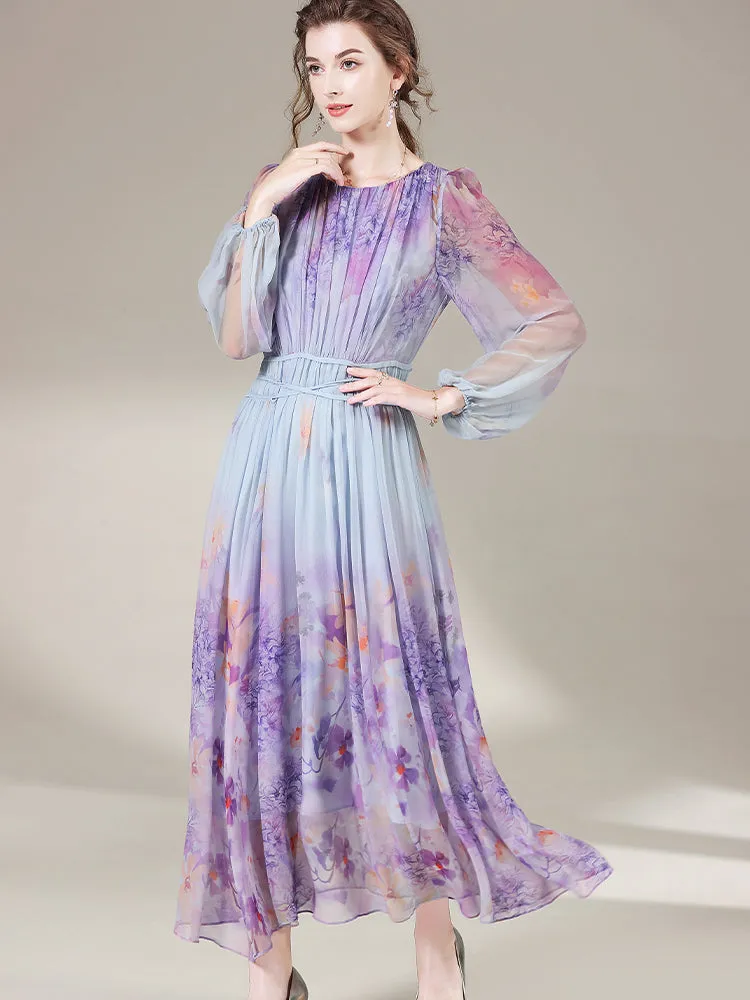 Purple Floral Printed Long Flowy Mulberry Silk Dress SD034