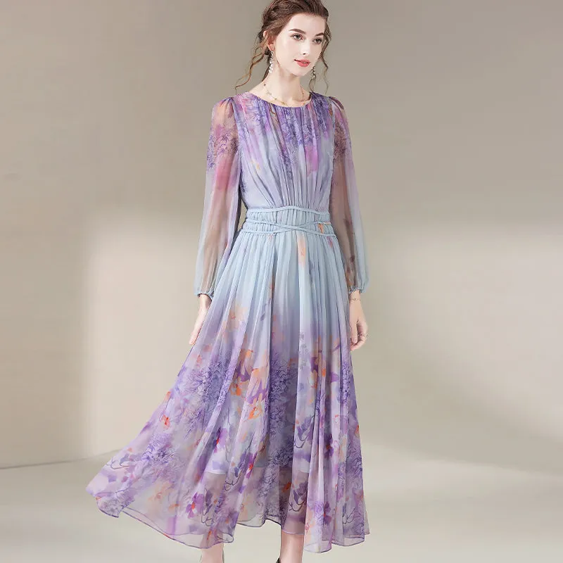 Purple Floral Printed Long Flowy Mulberry Silk Dress SD034