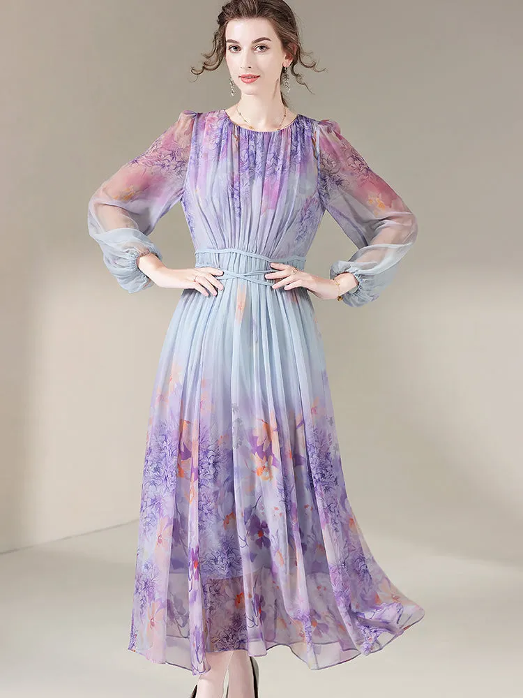 Purple Floral Printed Long Flowy Mulberry Silk Dress SD034