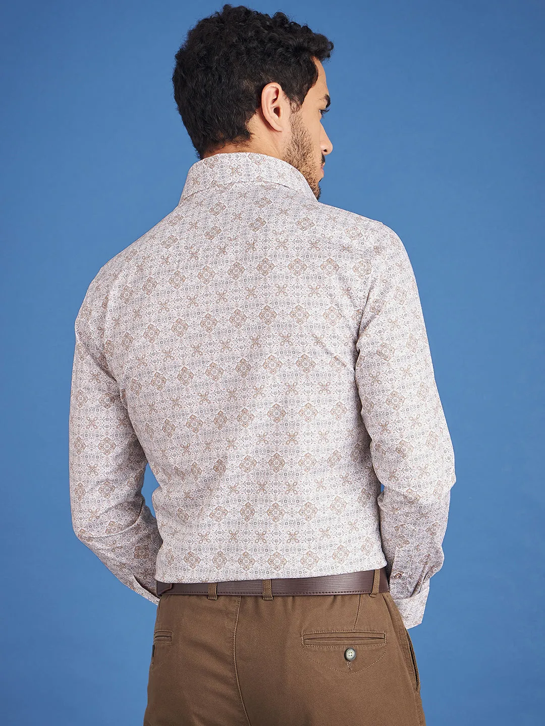 Regular Fit Formal Graphic Cream Shirt For Men