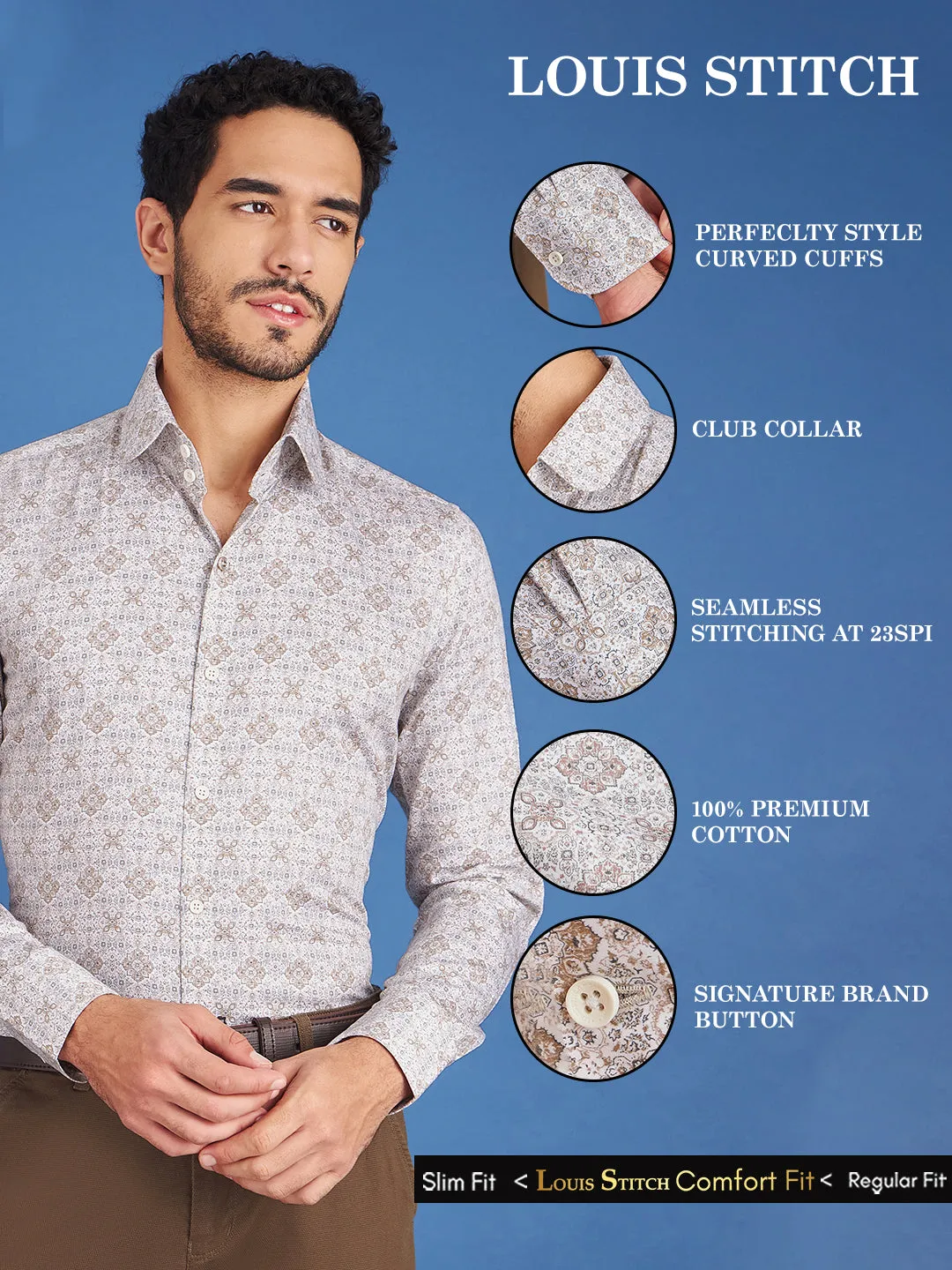 Regular Fit Formal Graphic Cream Shirt For Men