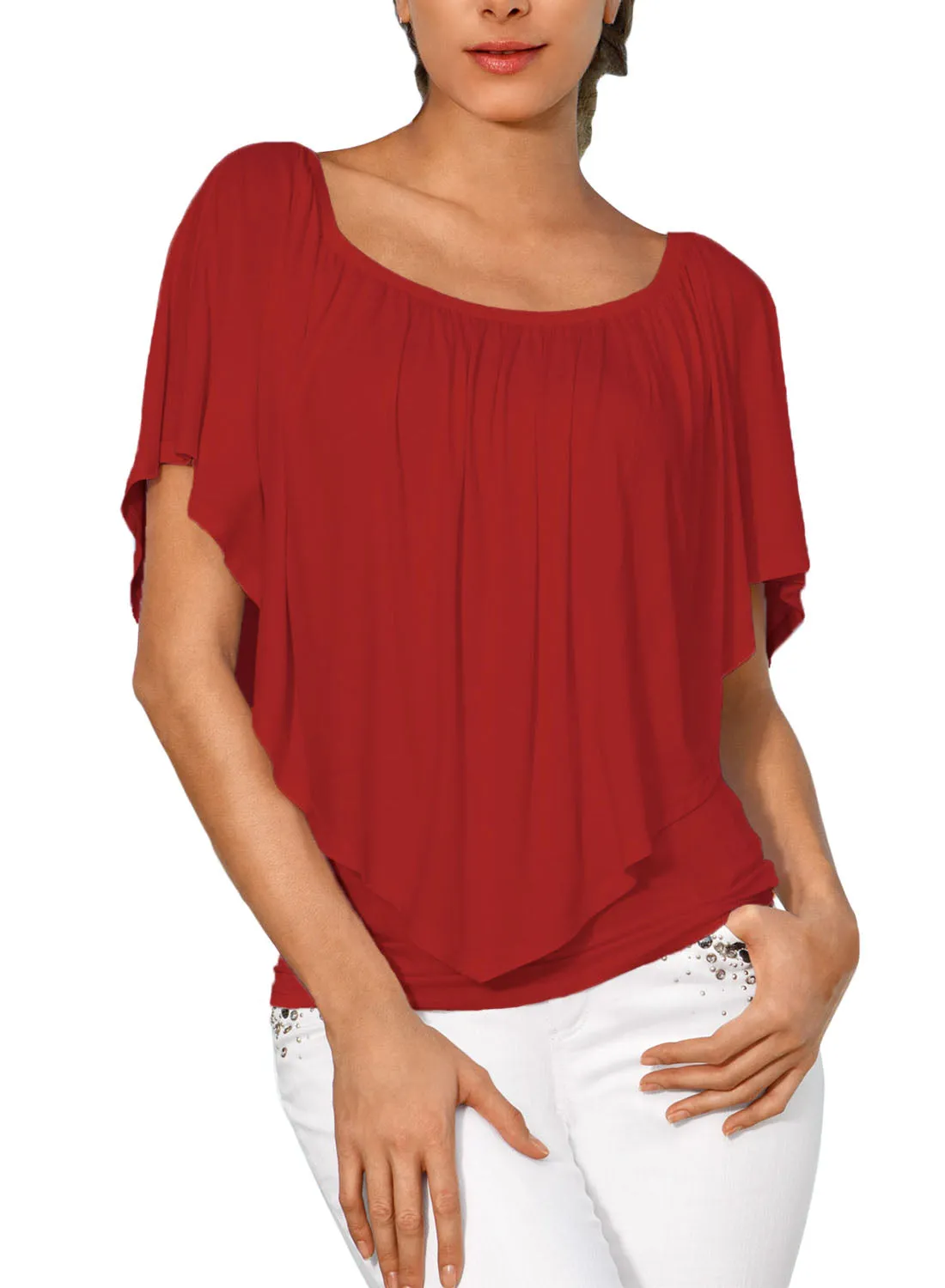 Sexy Red Multi-way Ruffle Women Top