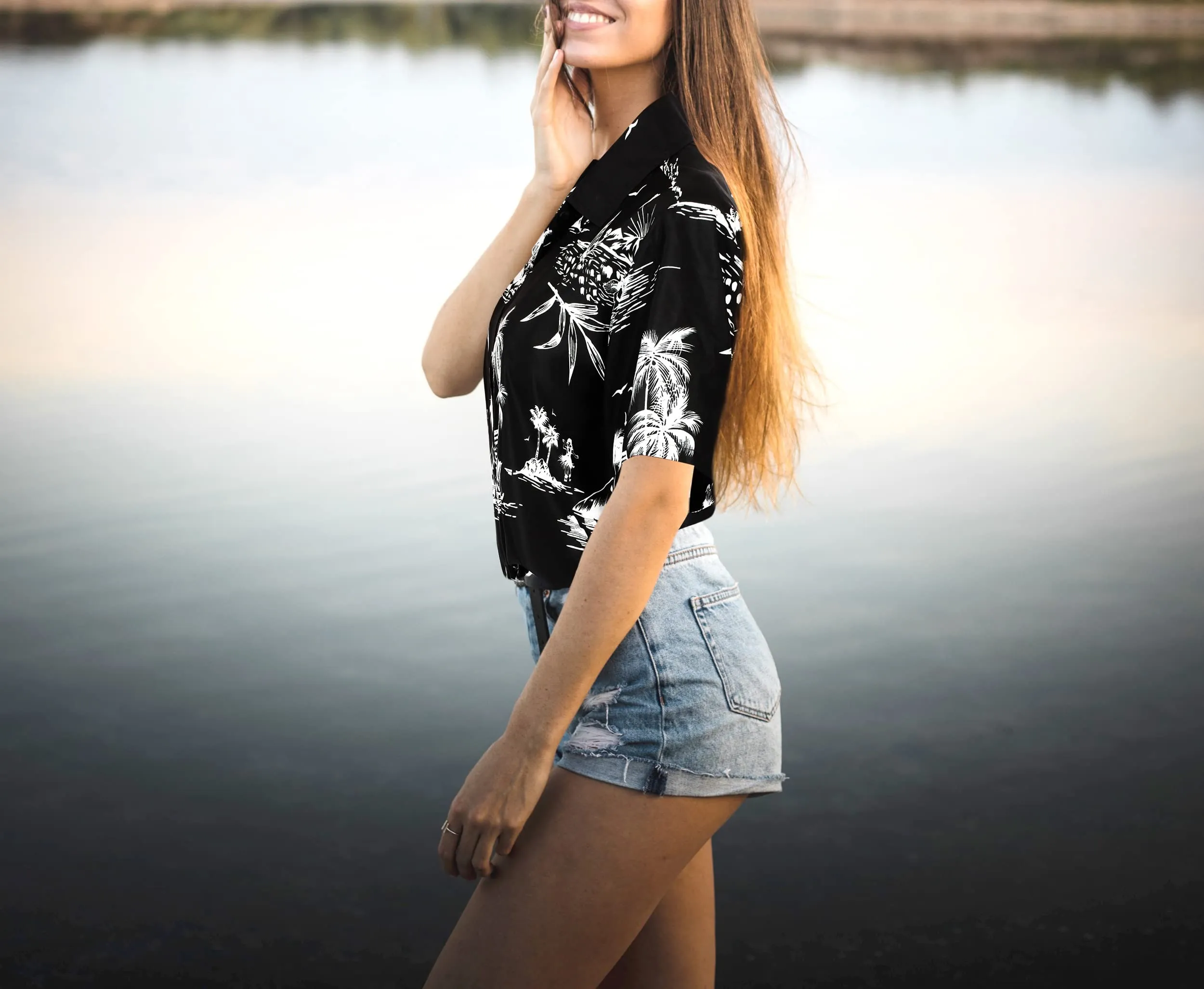 Short Sleeve Tropical Button Down Blouse