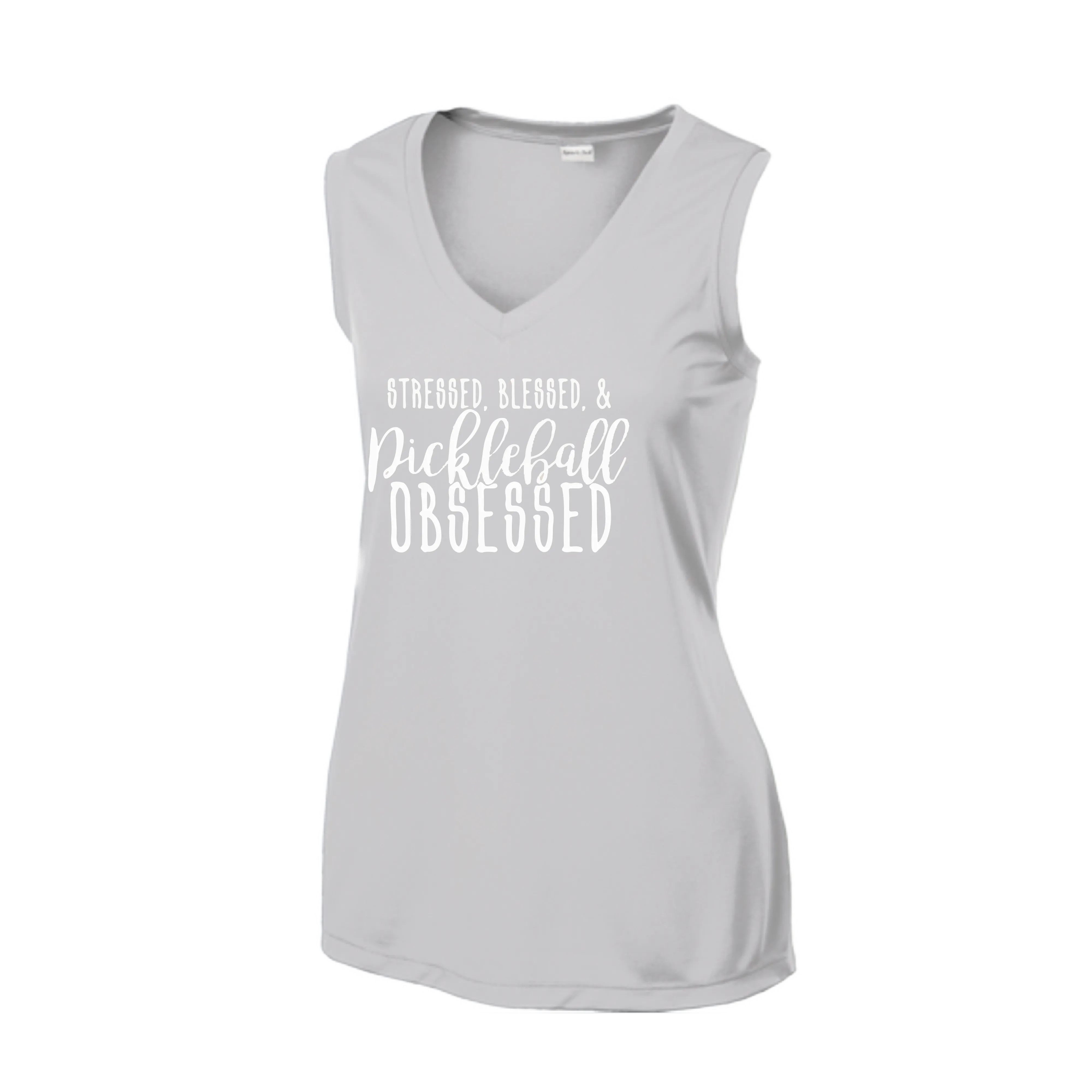 Stressed Blessed & Pickleball Obsessed | Women’s Sleeveless Pickleball Shirt | 100% Polyester