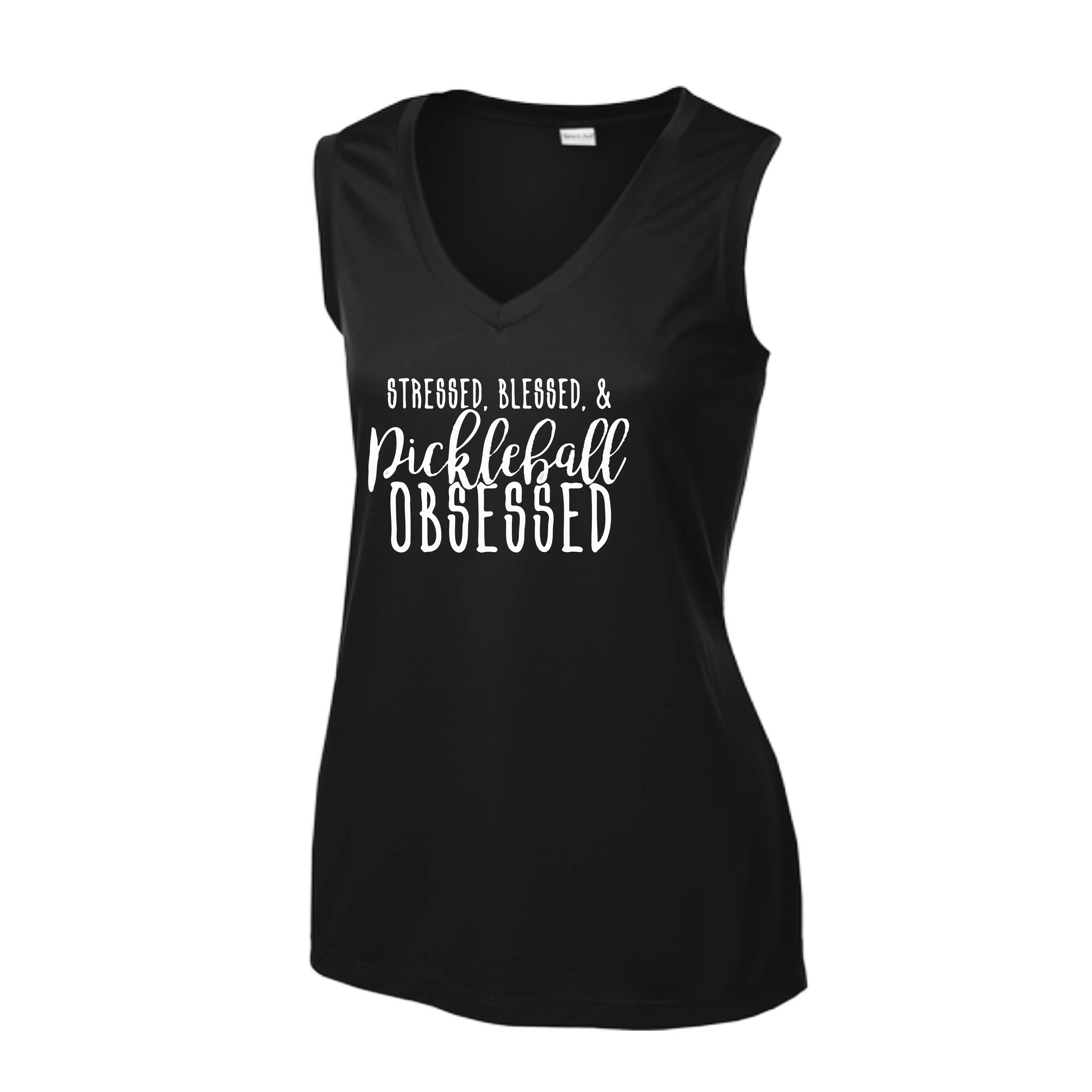 Stressed Blessed & Pickleball Obsessed | Women’s Sleeveless Pickleball Shirt | 100% Polyester
