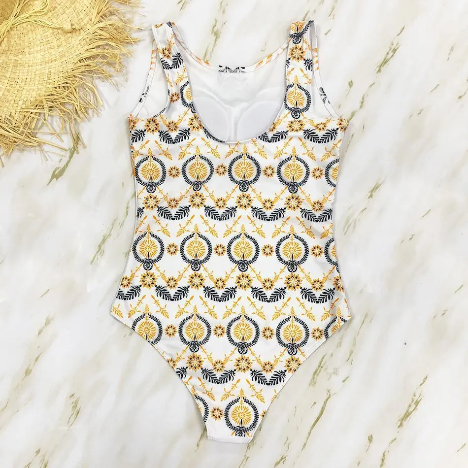 Striped Women One Piece Swimsuit Swimwear Printed Summer Bathing Suit Tropical Bodysuit-1
