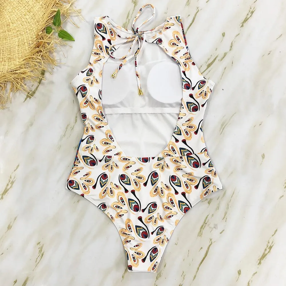 Striped Women One Piece Swimsuit Swimwear Printed Summer Bathing Suit Tropical Bodysuit-1
