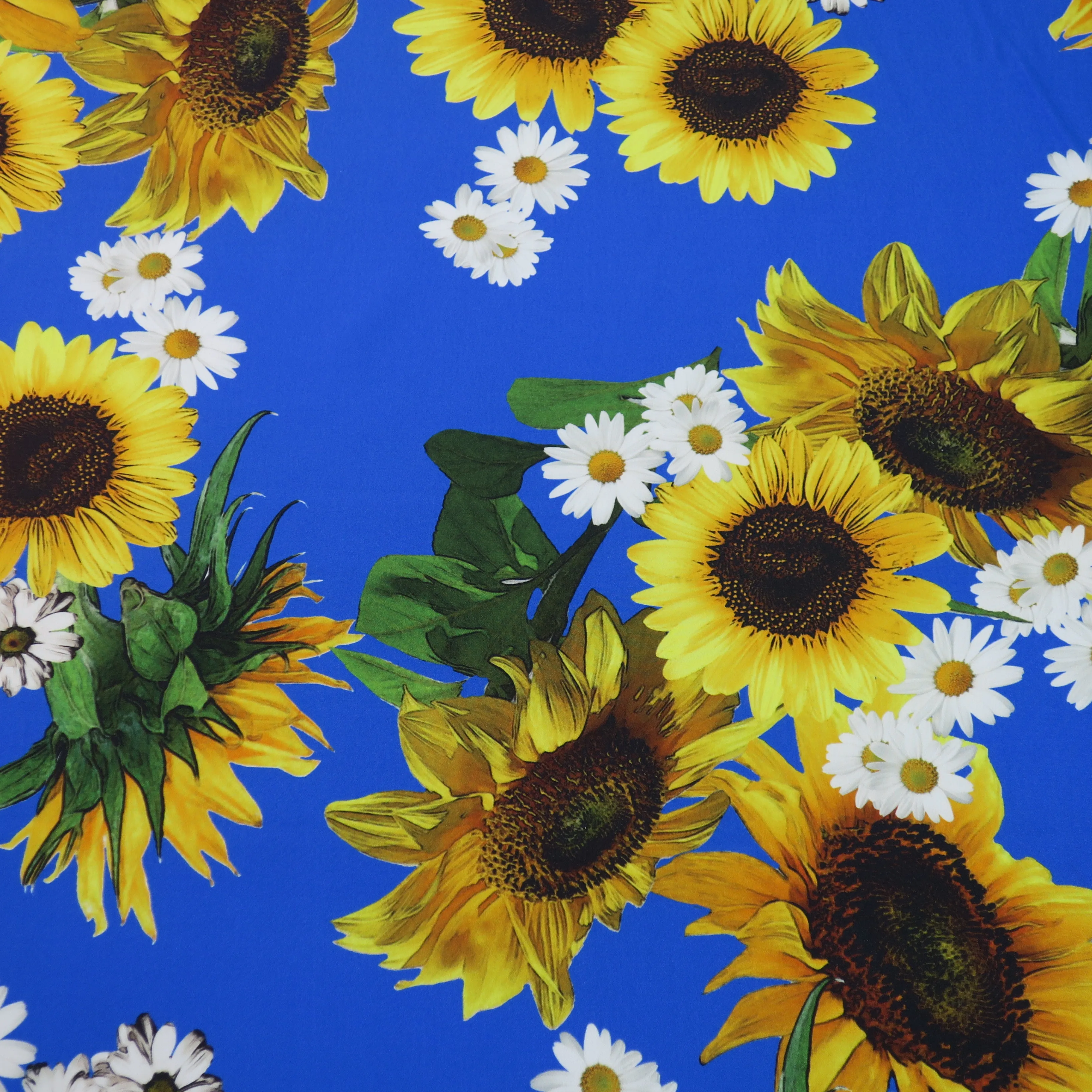Sunflower and Daisy on Blue Ground Printed Silk Charmeuse