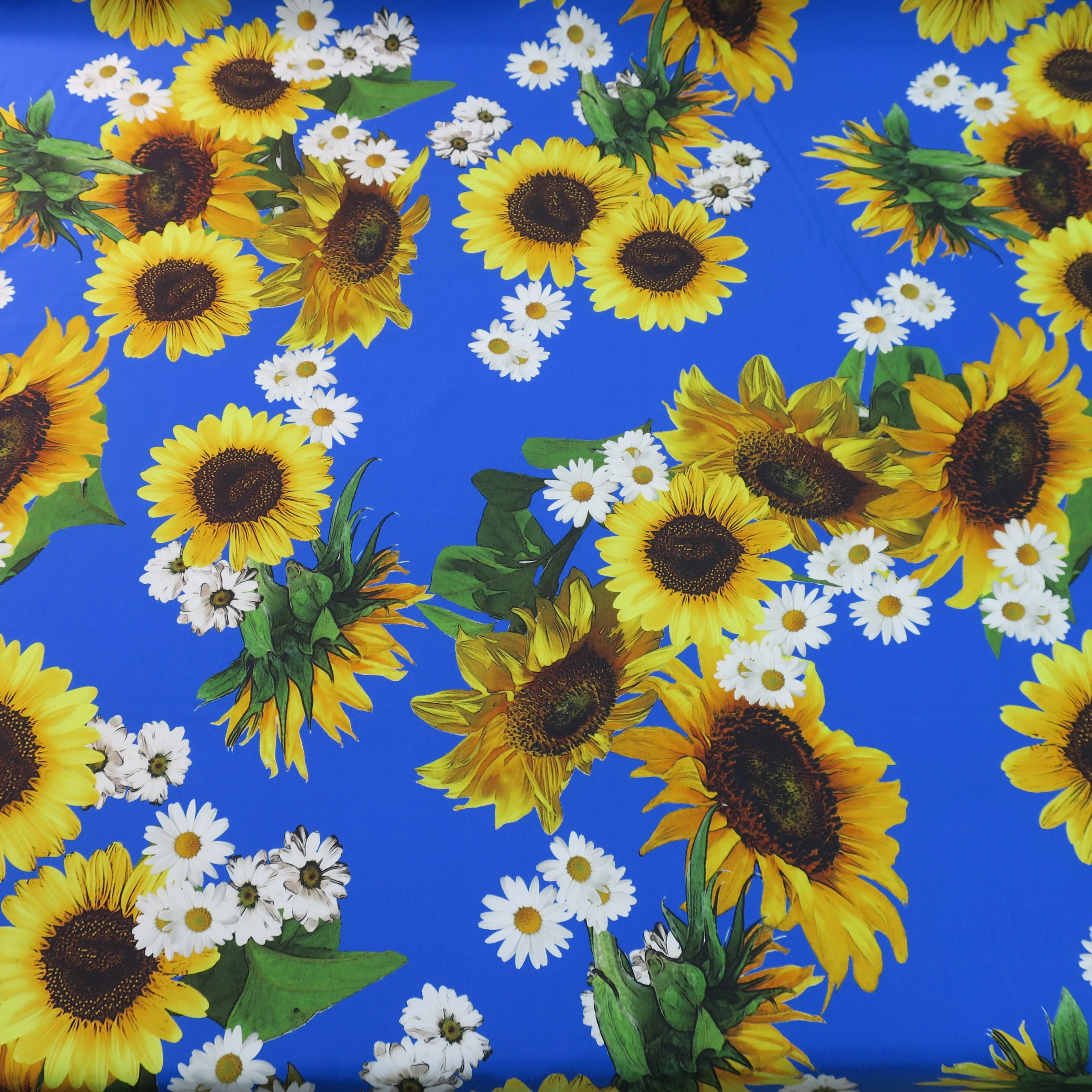 Sunflower and Daisy on Blue Ground Printed Silk Charmeuse