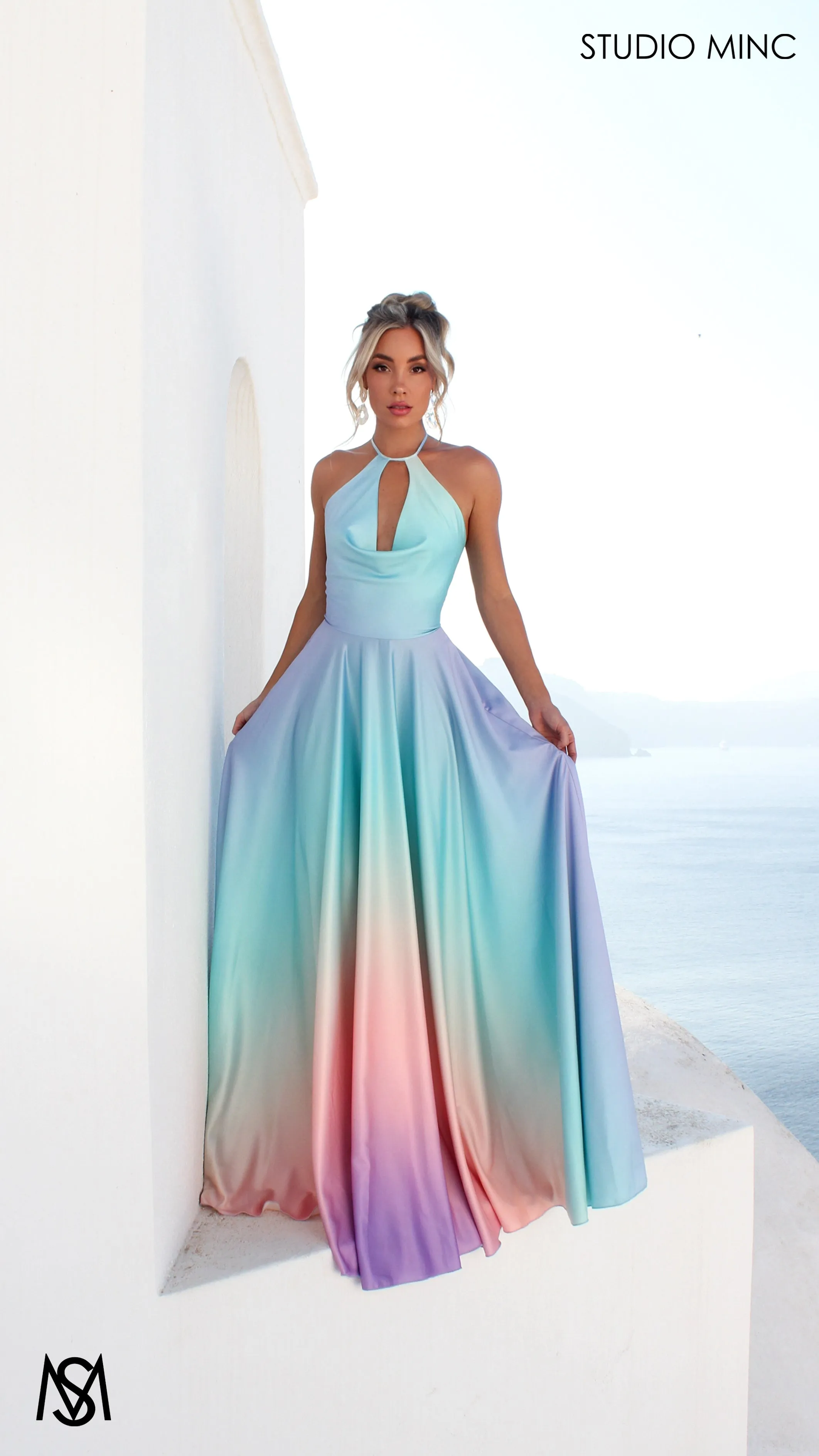 SUNSET BLUE - Blue Multi Colour Formal Dress, Satin High Neck Plunge & Backless