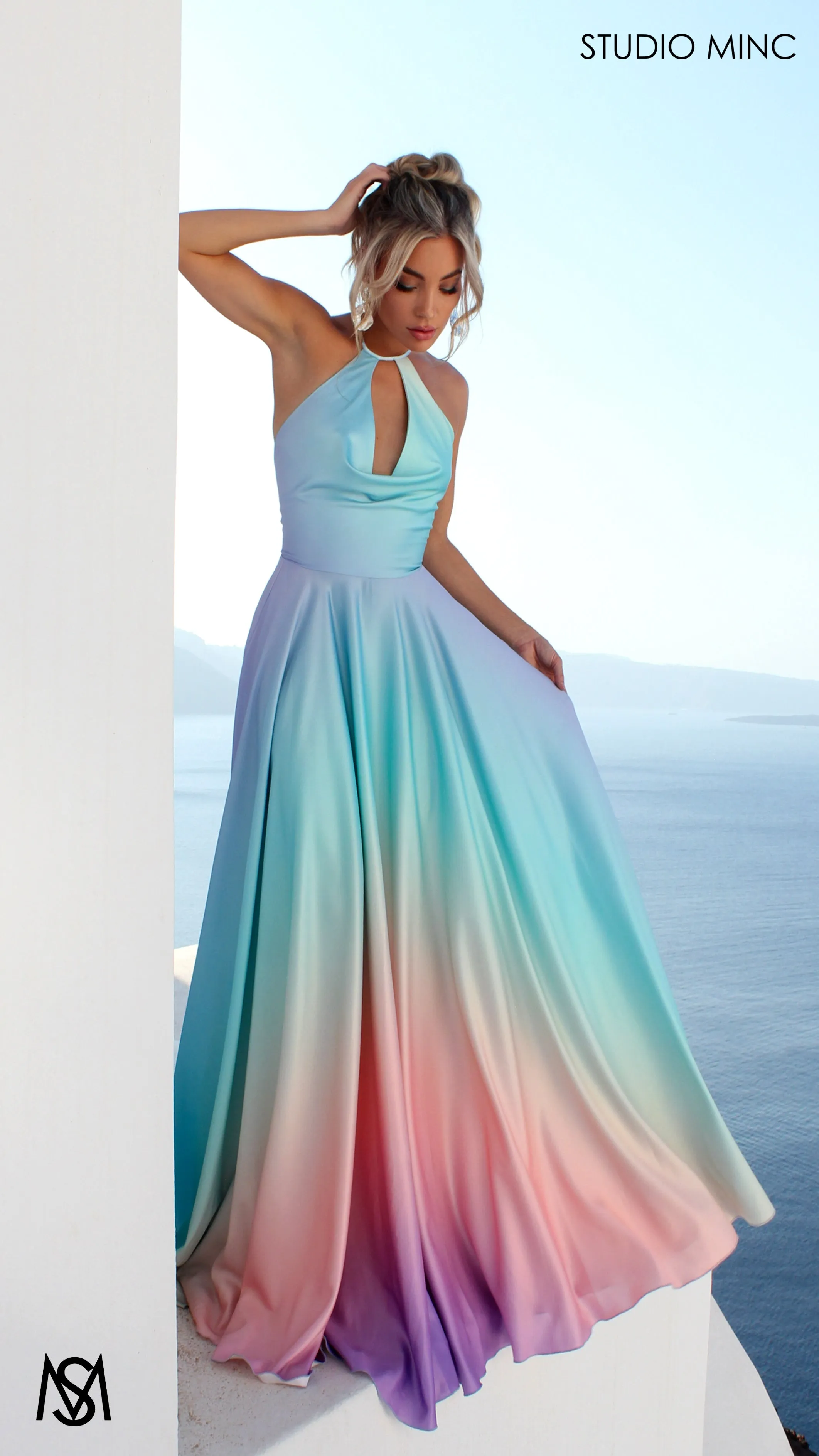 SUNSET BLUE - Blue Multi Colour Formal Dress, Satin High Neck Plunge & Backless