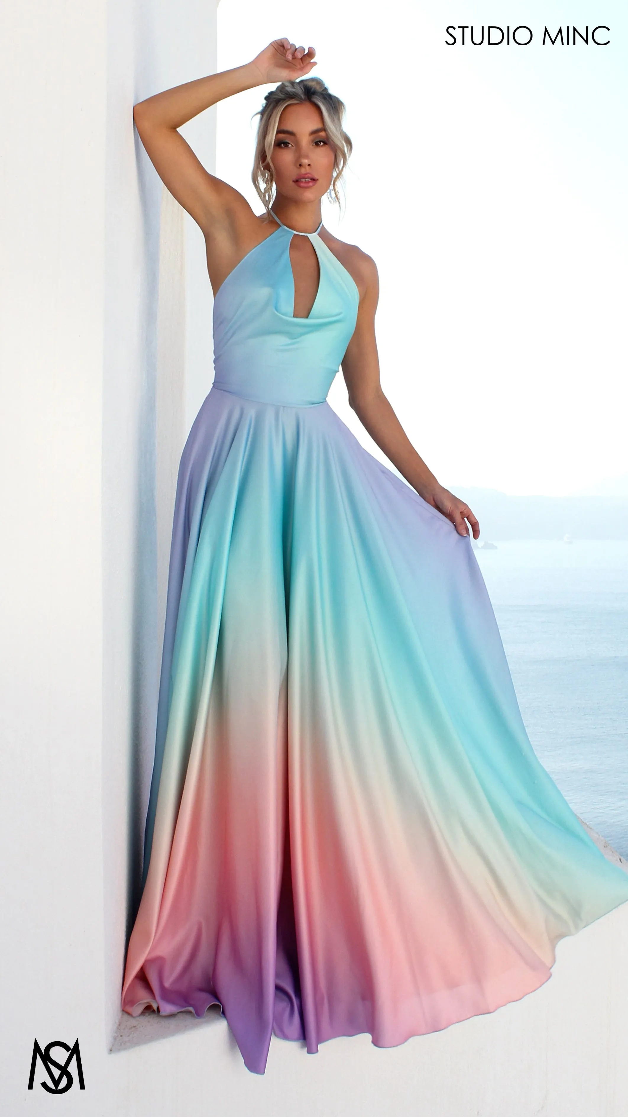 SUNSET BLUE - Blue Multi Colour Formal Dress, Satin High Neck Plunge & Backless