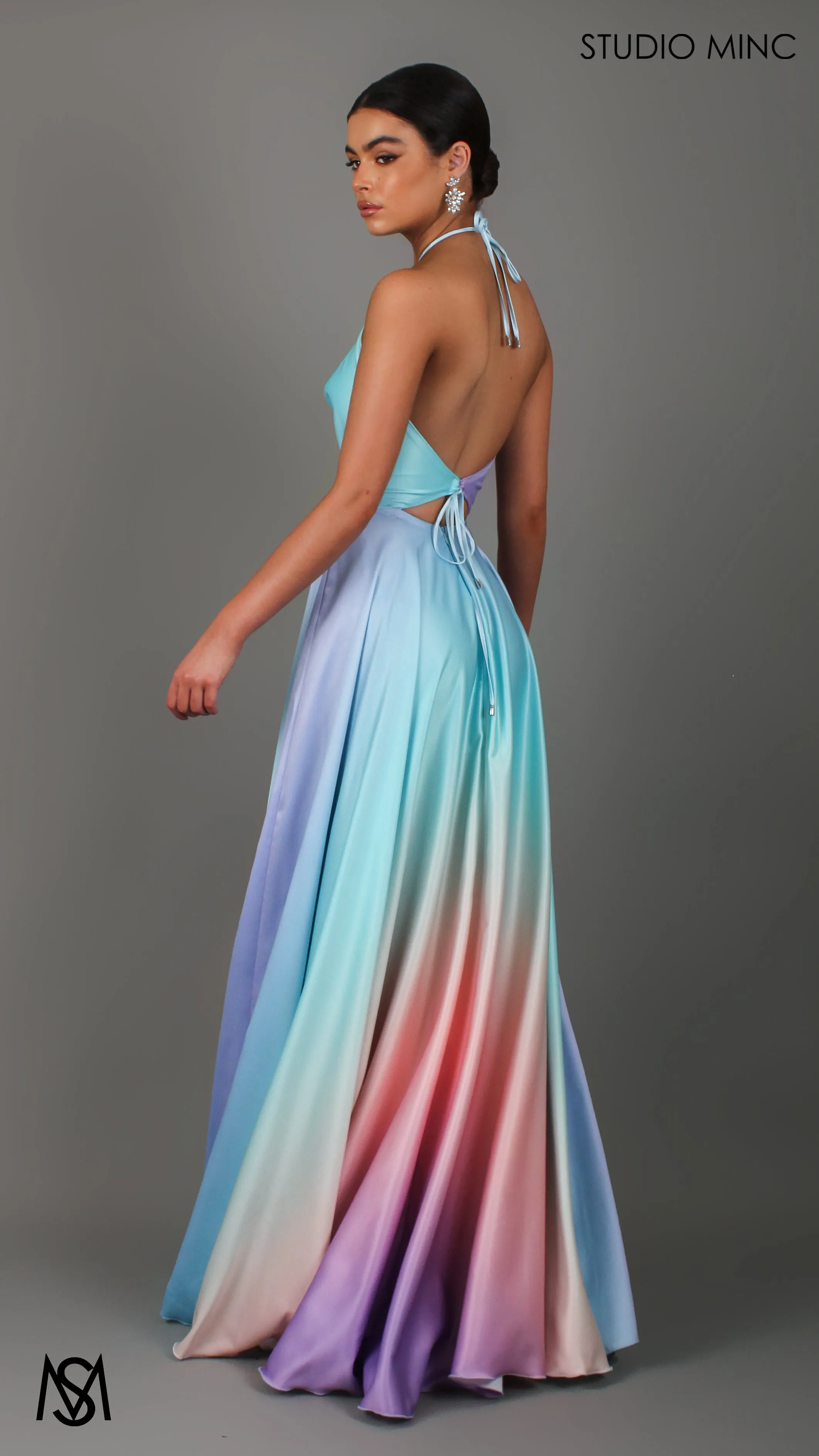 SUNSET BLUE - Blue Multi Colour Formal Dress, Satin High Neck Plunge & Backless