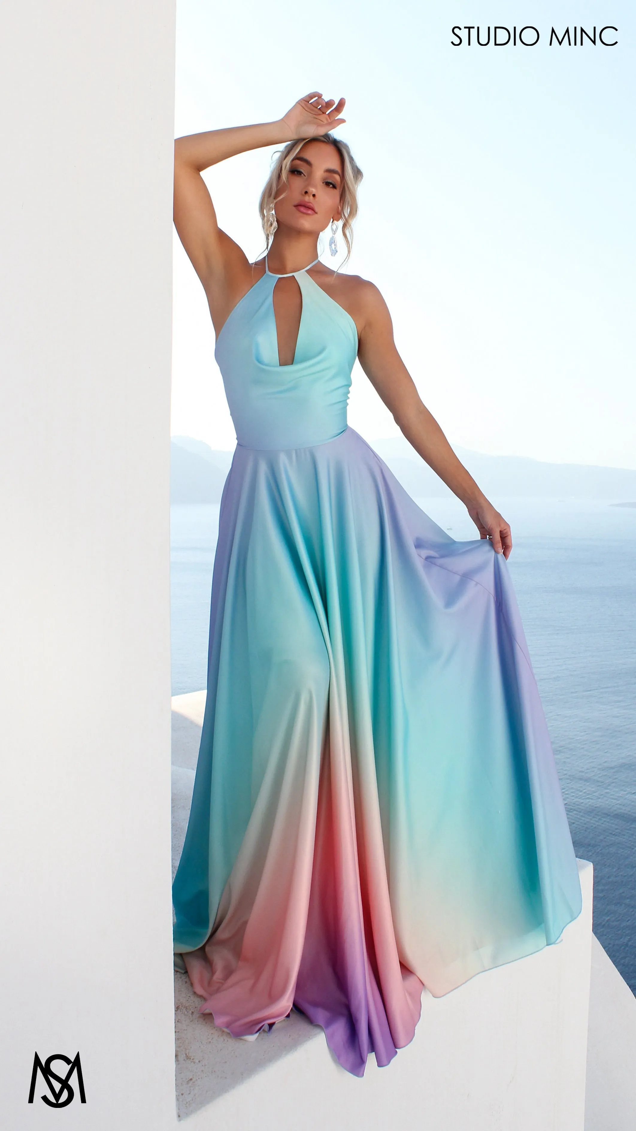 SUNSET BLUE - Blue Multi Colour Formal Dress, Satin High Neck Plunge & Backless