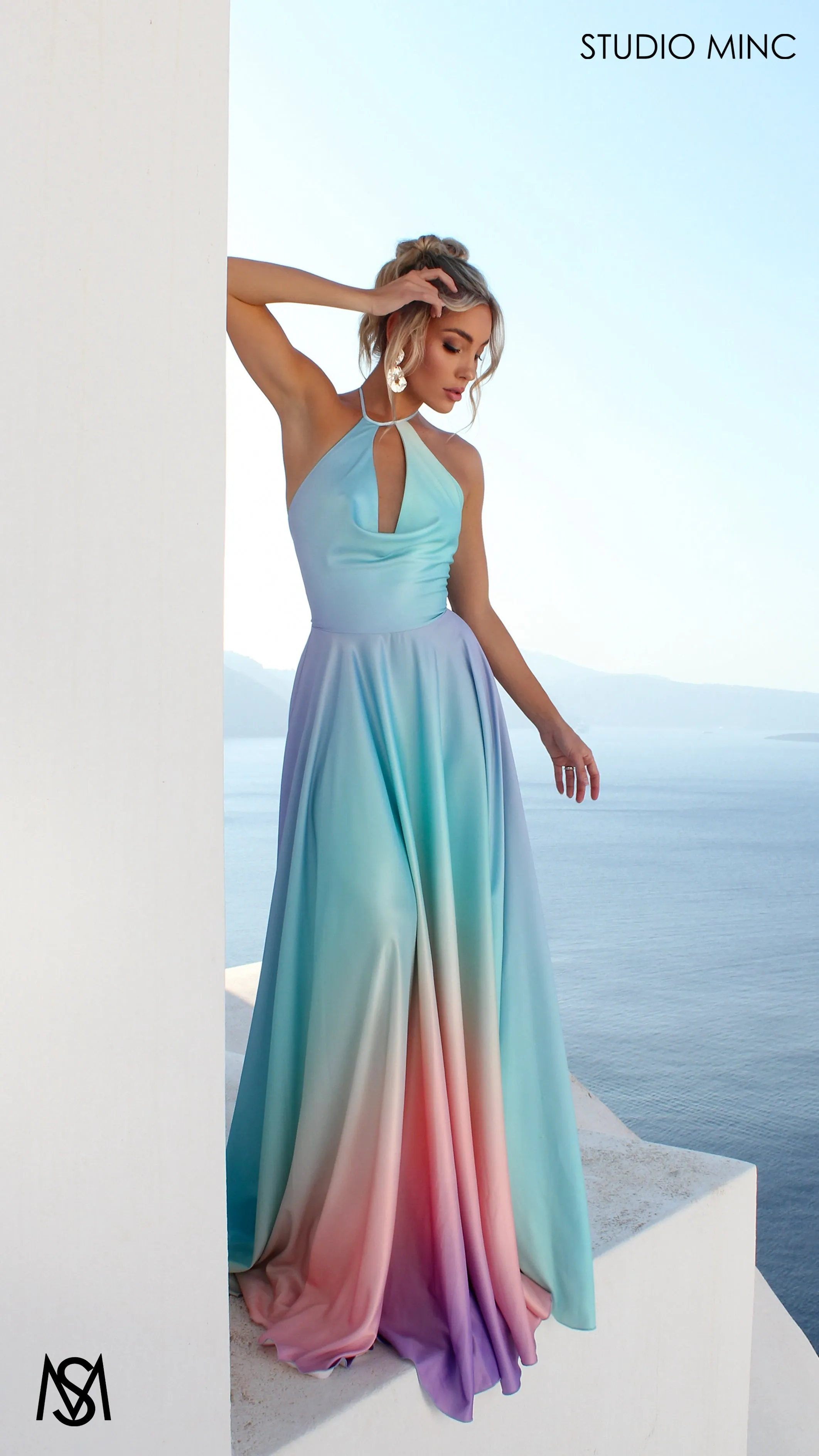 SUNSET BLUE - Blue Multi Colour Formal Dress, Satin High Neck Plunge & Backless