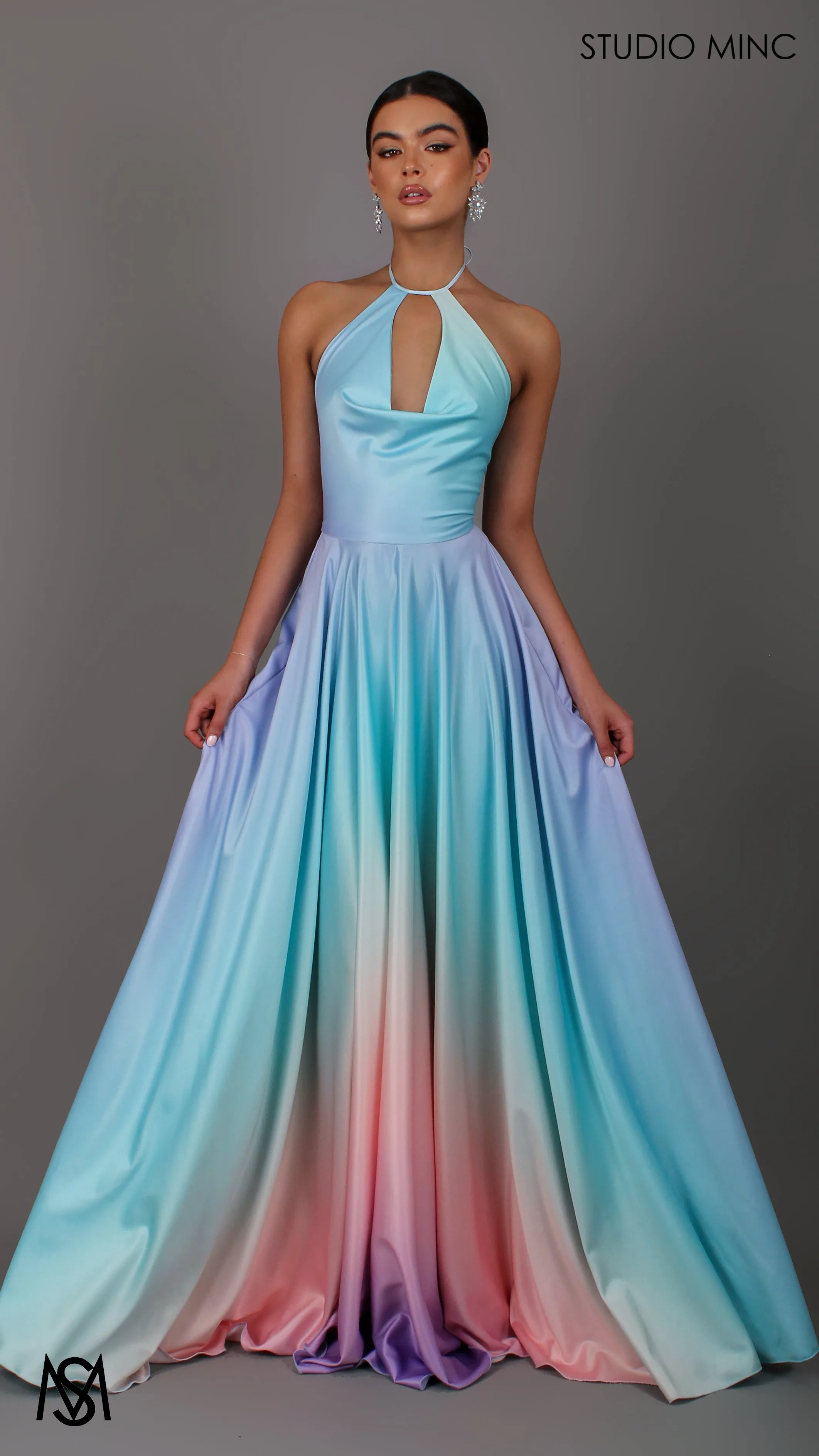 SUNSET BLUE - Blue Multi Colour Formal Dress, Satin High Neck Plunge & Backless
