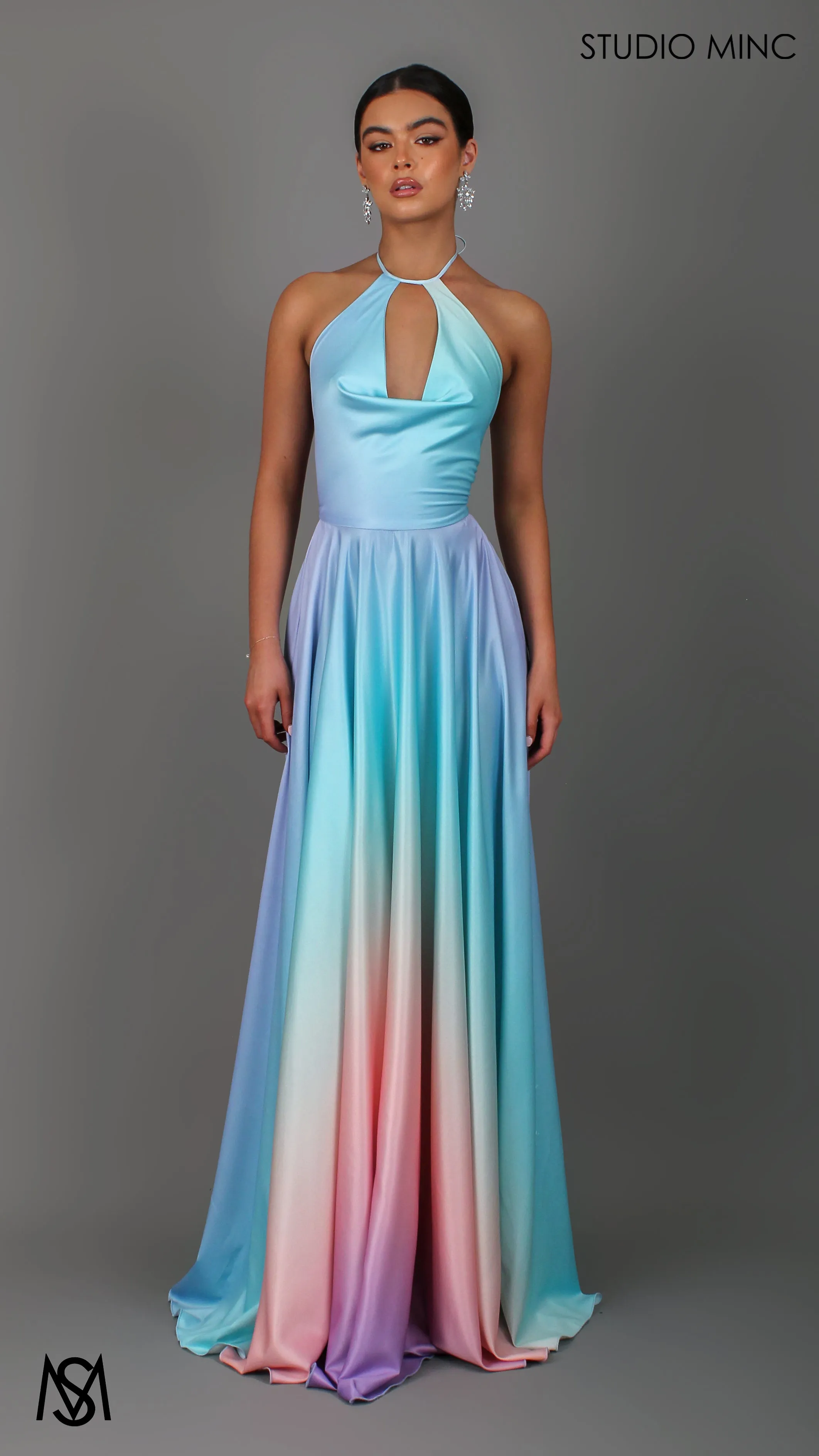 SUNSET BLUE - Blue Multi Colour Formal Dress, Satin High Neck Plunge & Backless