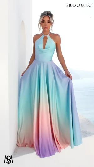 SUNSET BLUE - Blue Multi Colour Formal Dress, Satin High Neck Plunge & Backless