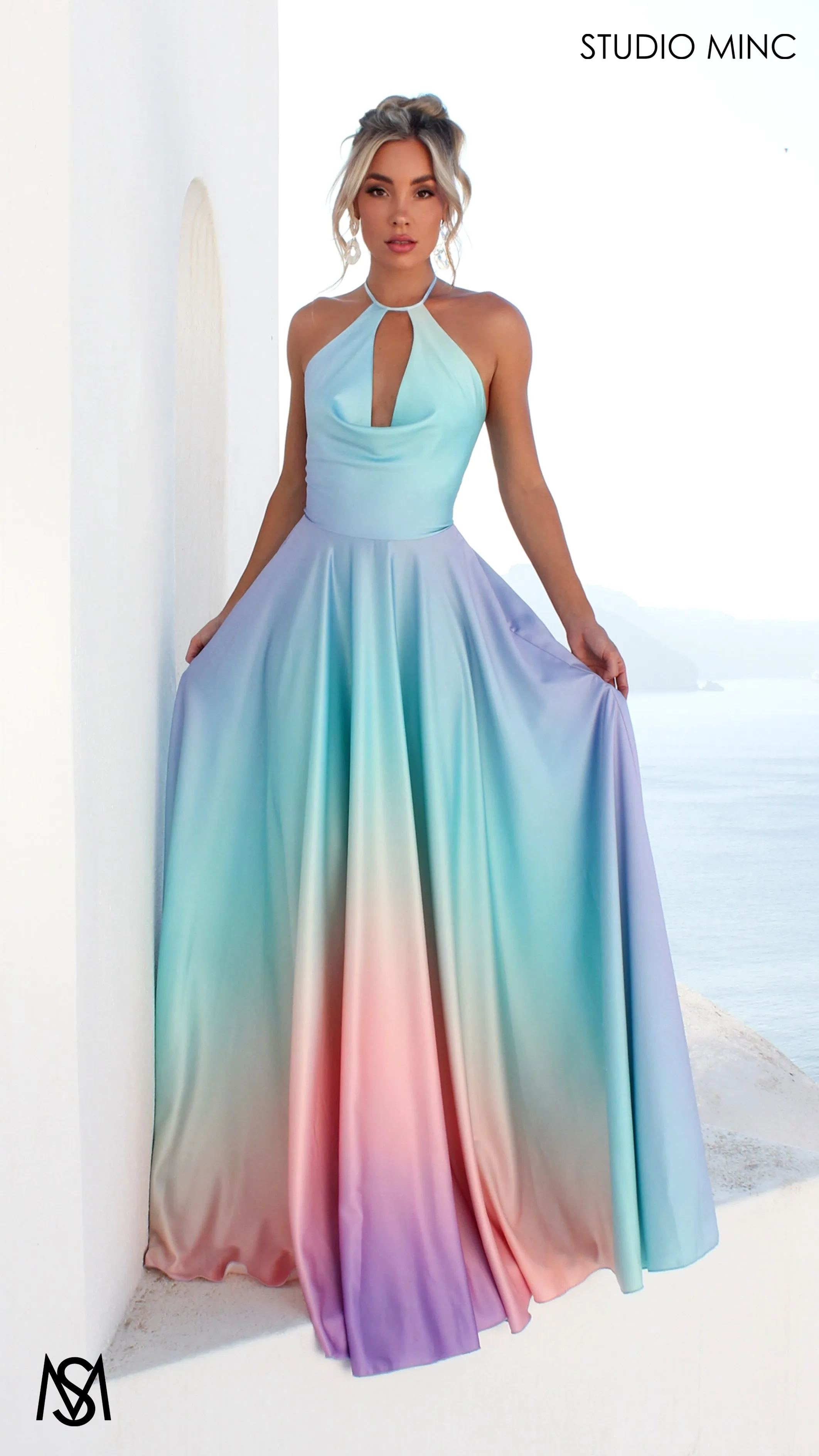 SUNSET BLUE - Blue Multi Colour Formal Dress, Satin High Neck Plunge & Backless
