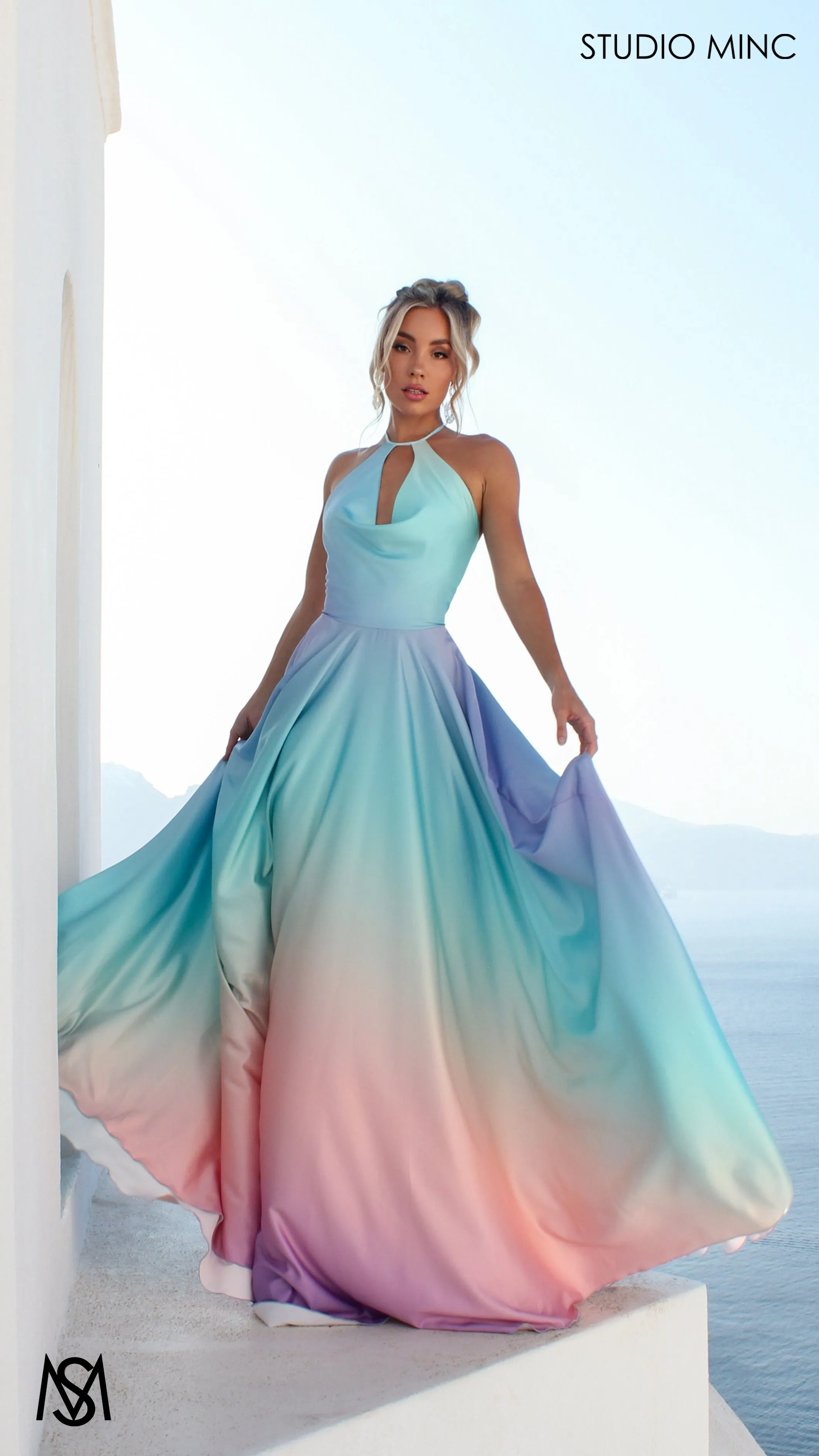 SUNSET BLUE - Blue Multi Colour Formal Dress, Satin High Neck Plunge & Backless