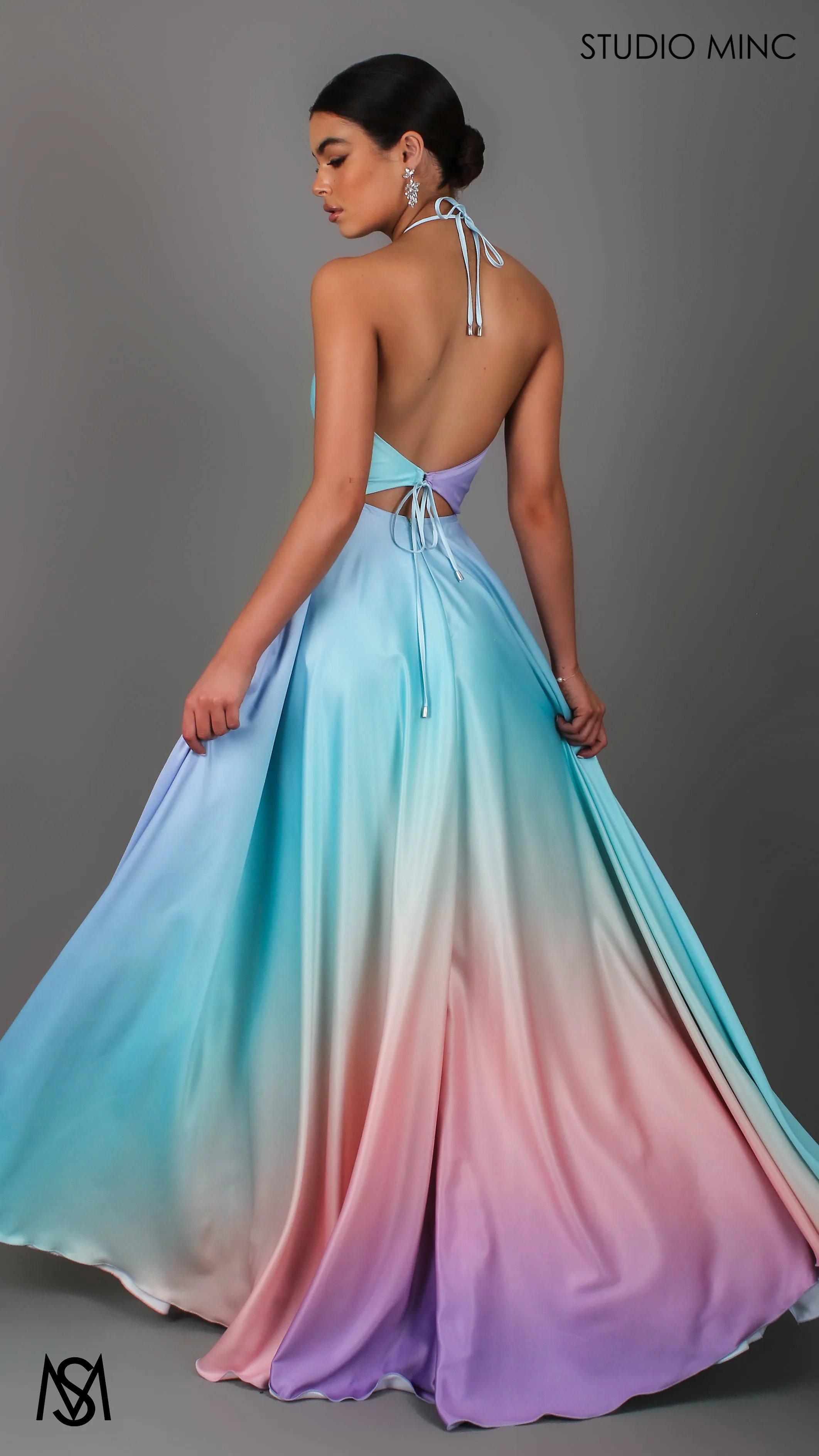 SUNSET BLUE - Blue Multi Colour Formal Dress, Satin High Neck Plunge & Backless