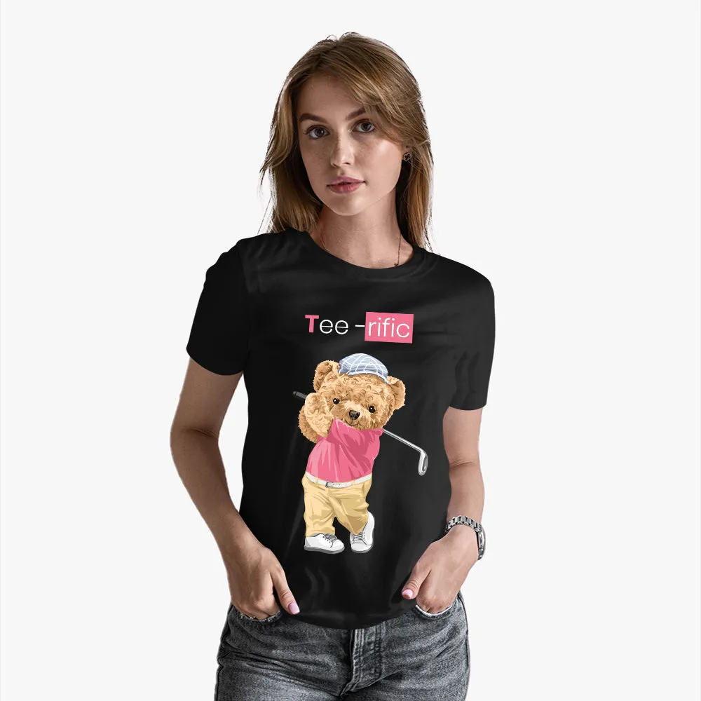 Teddy Bear Golf Printed T-Shirt - women's black crew neck t shirt