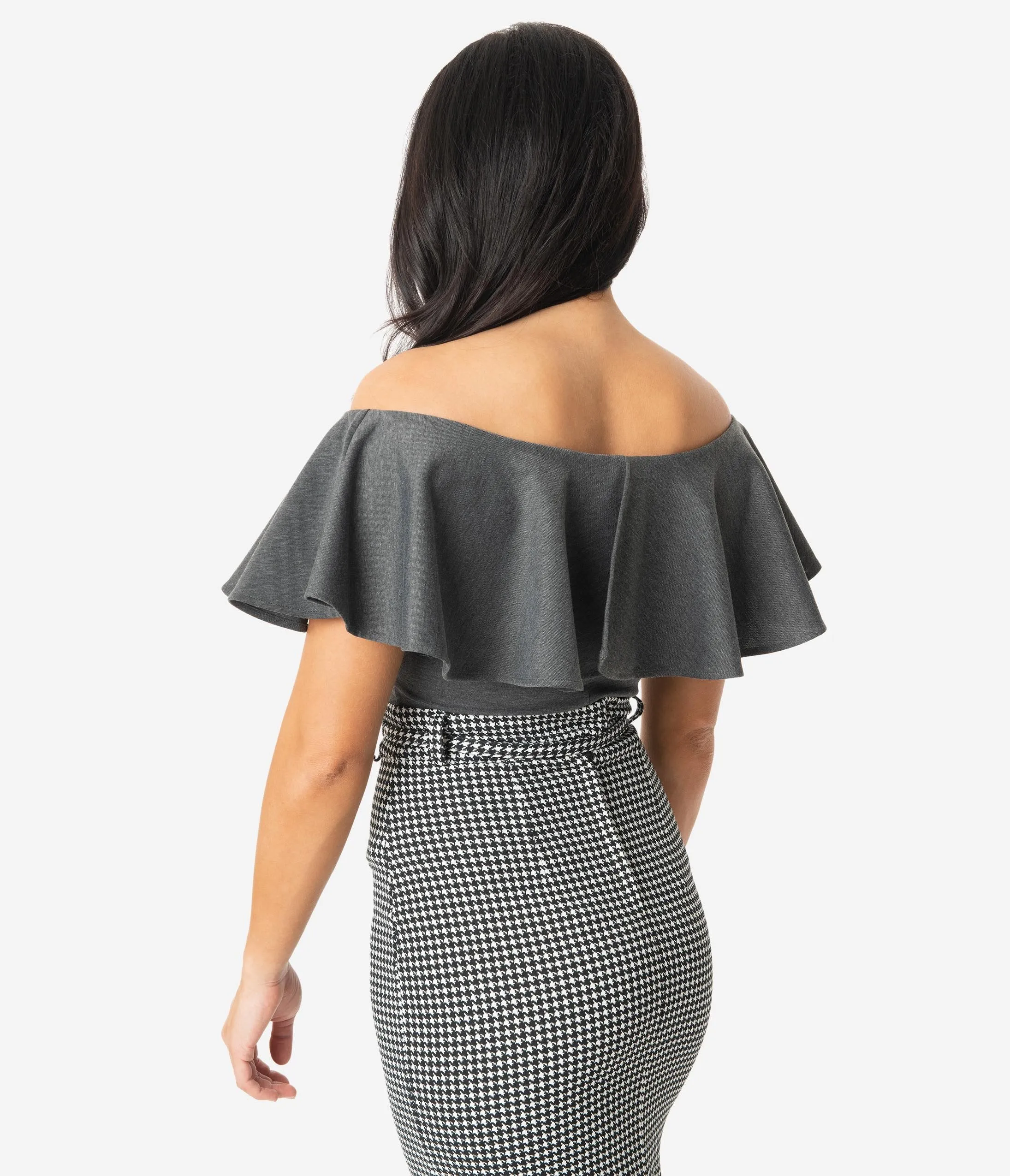 Unique Vintage 1950s Grey Off Shoulder Ruffle Frenchie Top