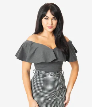 Unique Vintage 1950s Grey Off Shoulder Ruffle Frenchie Top