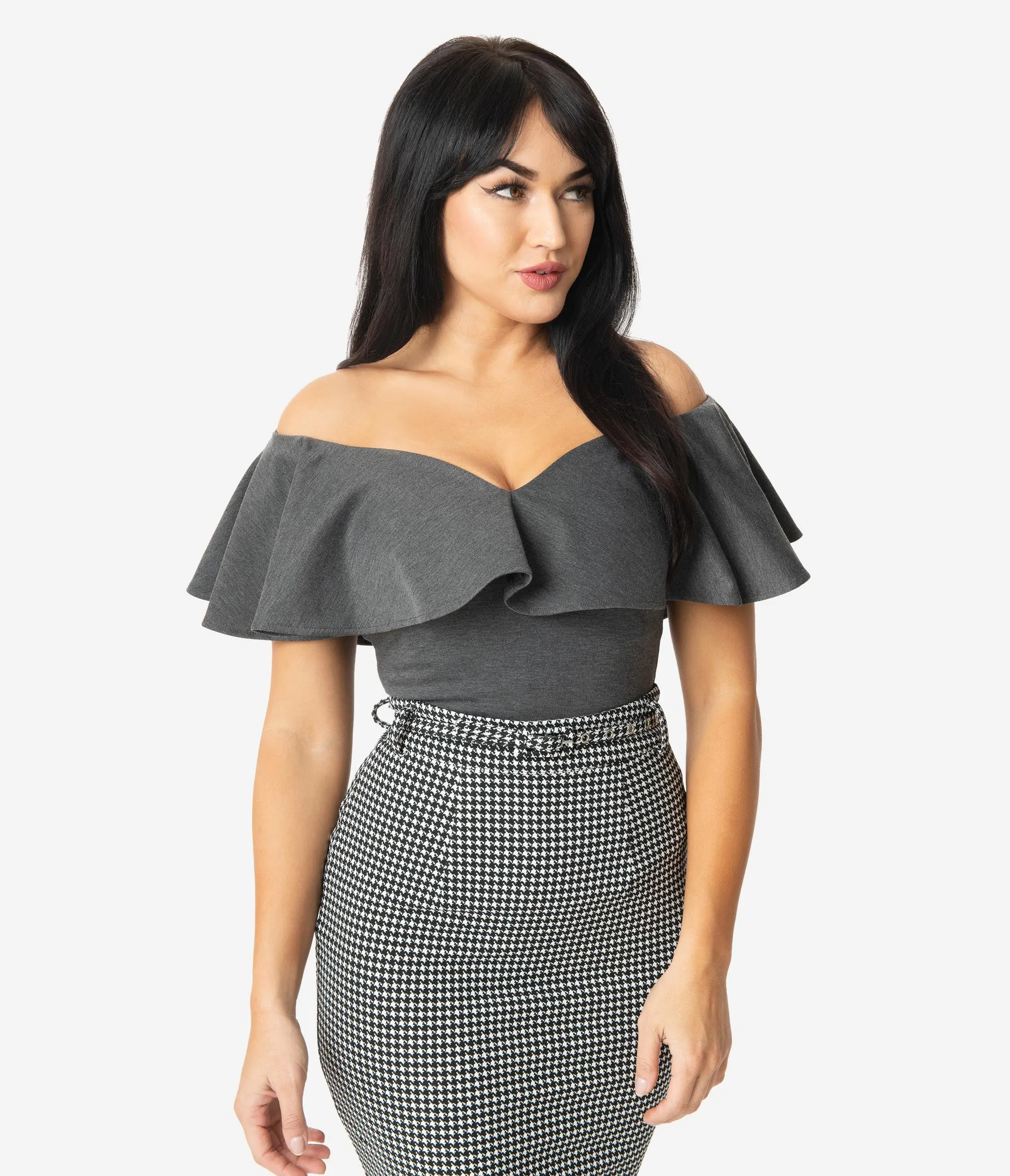 Unique Vintage 1950s Grey Off Shoulder Ruffle Frenchie Top